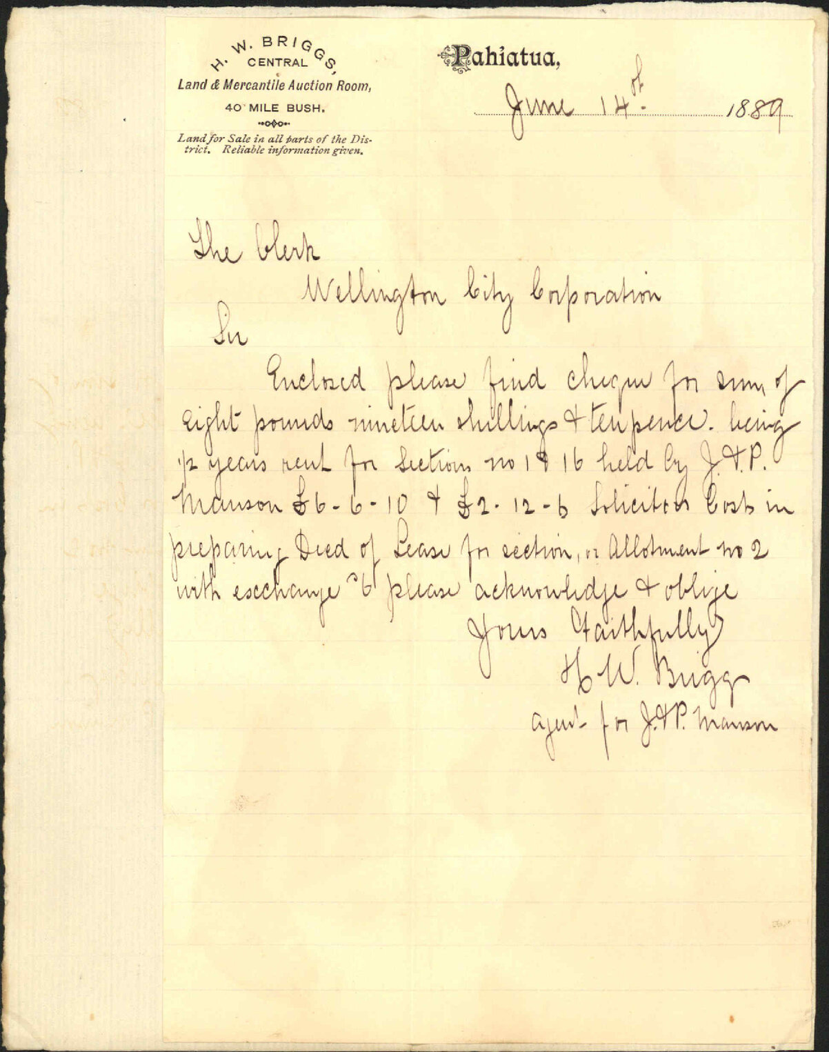 With cheque for Mansons Rent - H W Briggs, Pahiatua