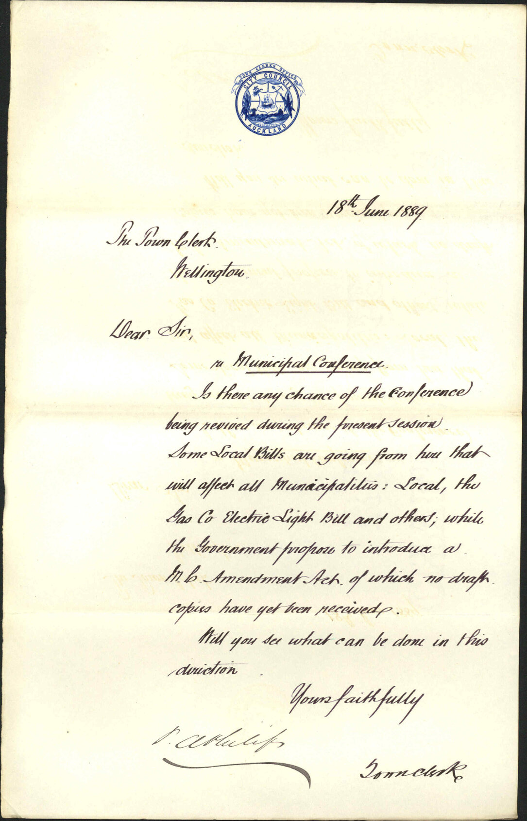 Enquiry regarding Municipal Conference - Town Clerk Auckland