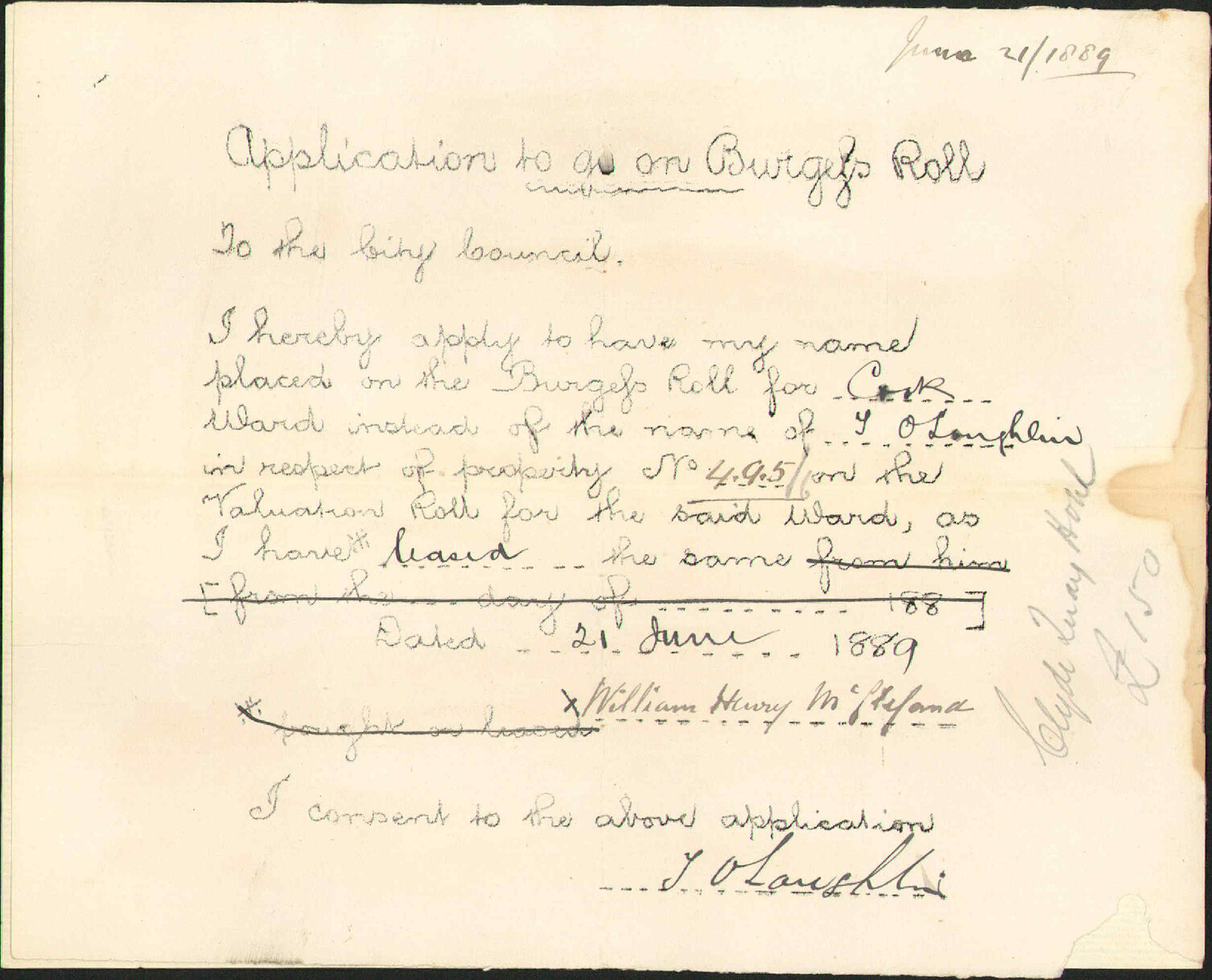 Asking to be placed on burgess roll - W H McClelland