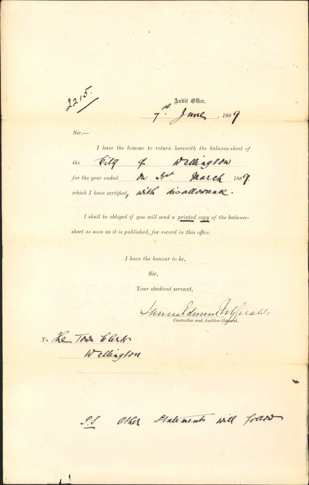 With balance sheet for year ending 31 March 1889 - Controller and Auditor General