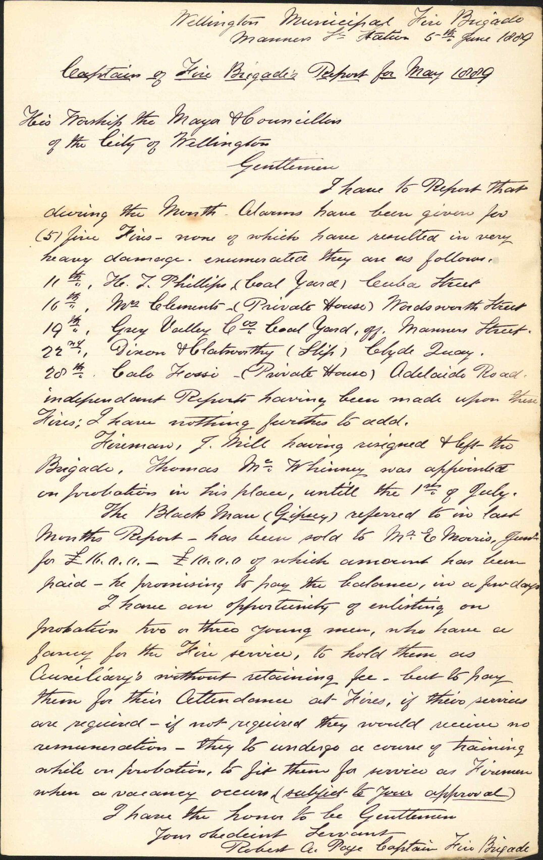 Report for May 1889 - Robert A Page (Captain, Fire Brigade)