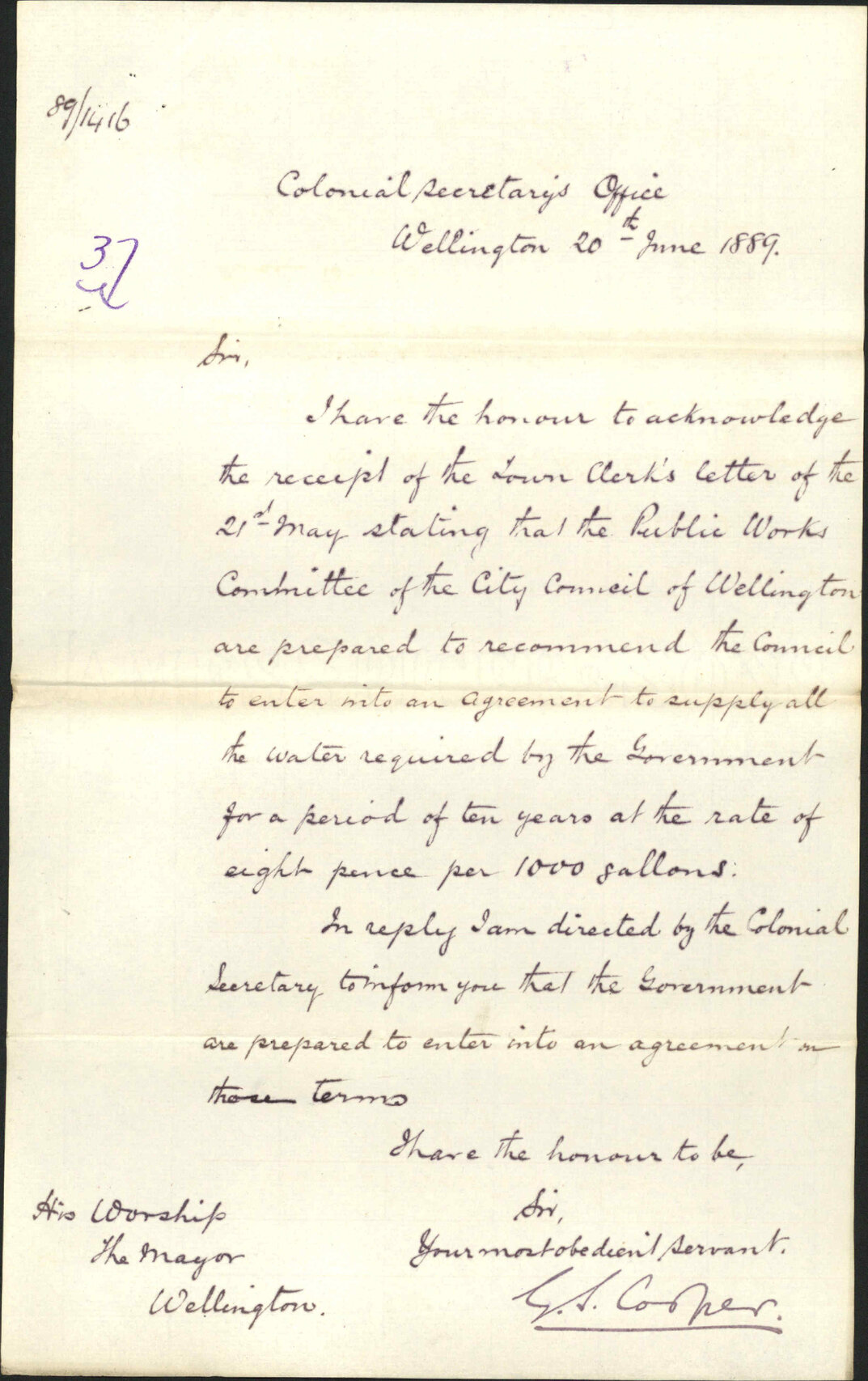 Water supply for Government - Colonial Secretary