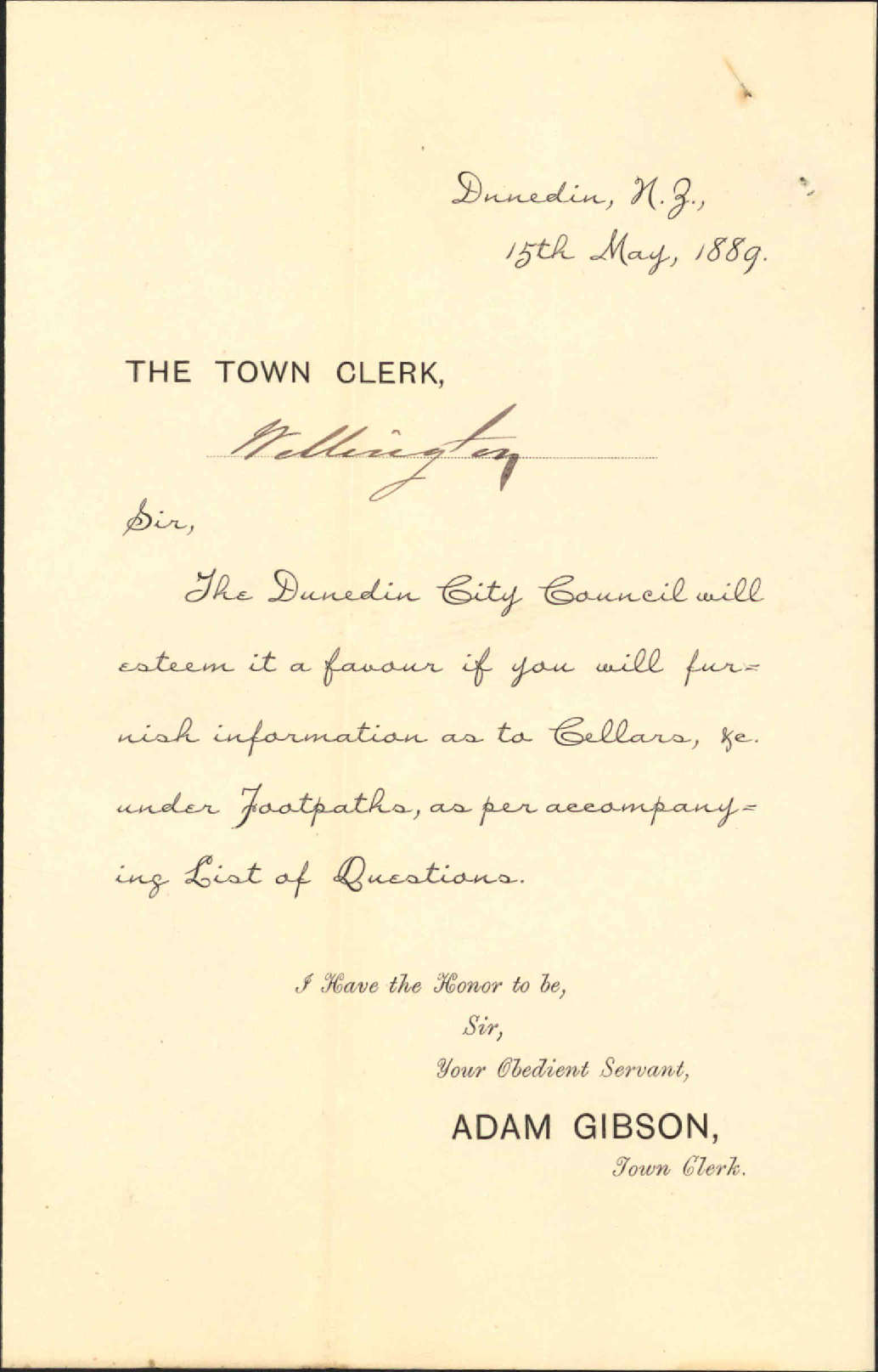 Enquiry regarding cellars etc under footpaths - Town Clerk Dunedin
