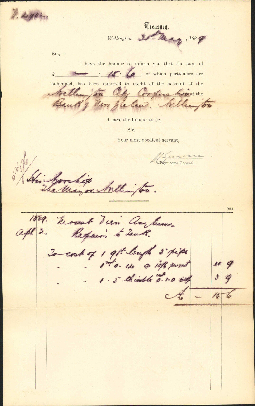 Advising payment of account - Treasury