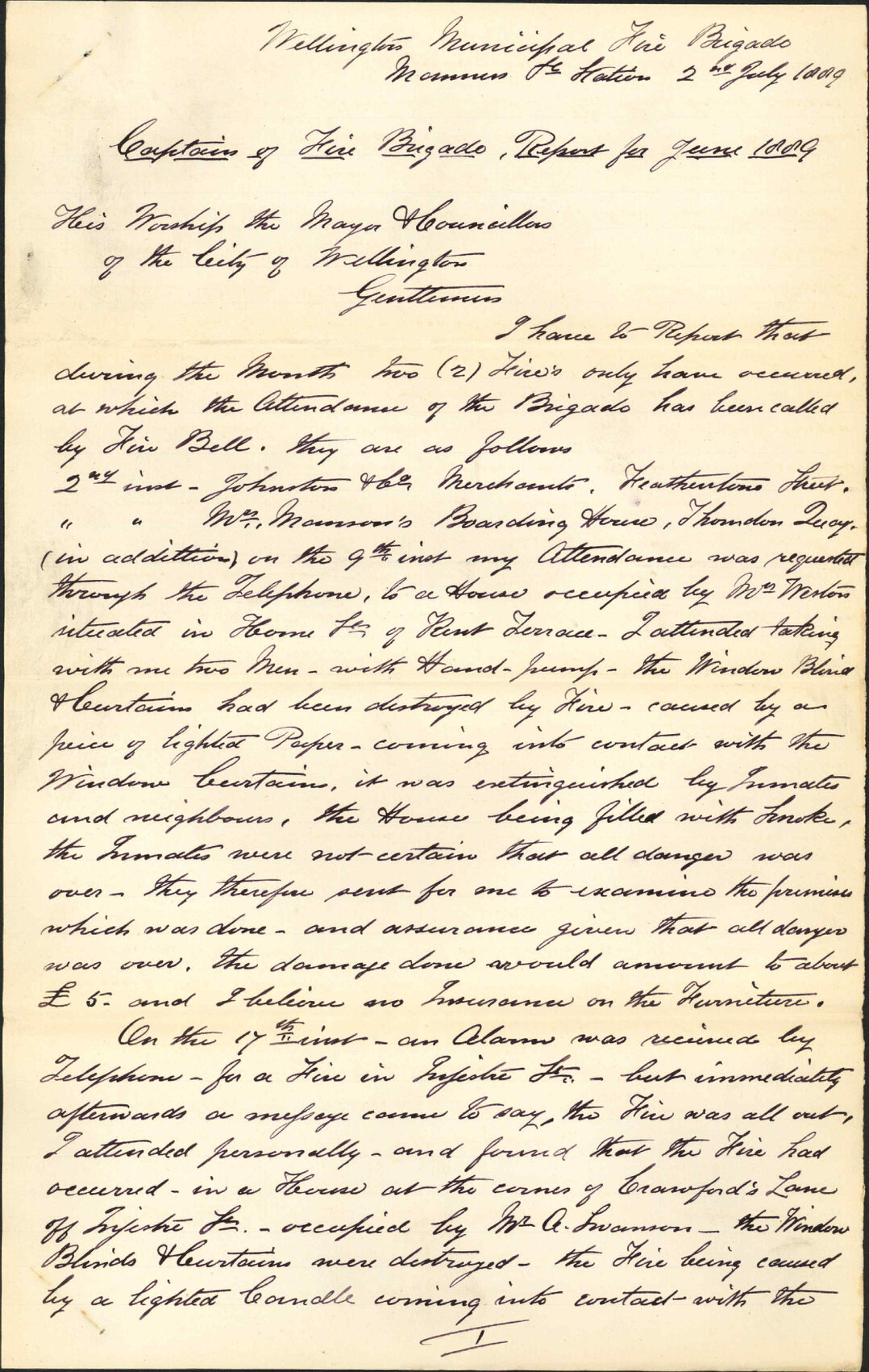 Report for June 1889 - Robert A Page (Captain, Fire Brigade)
