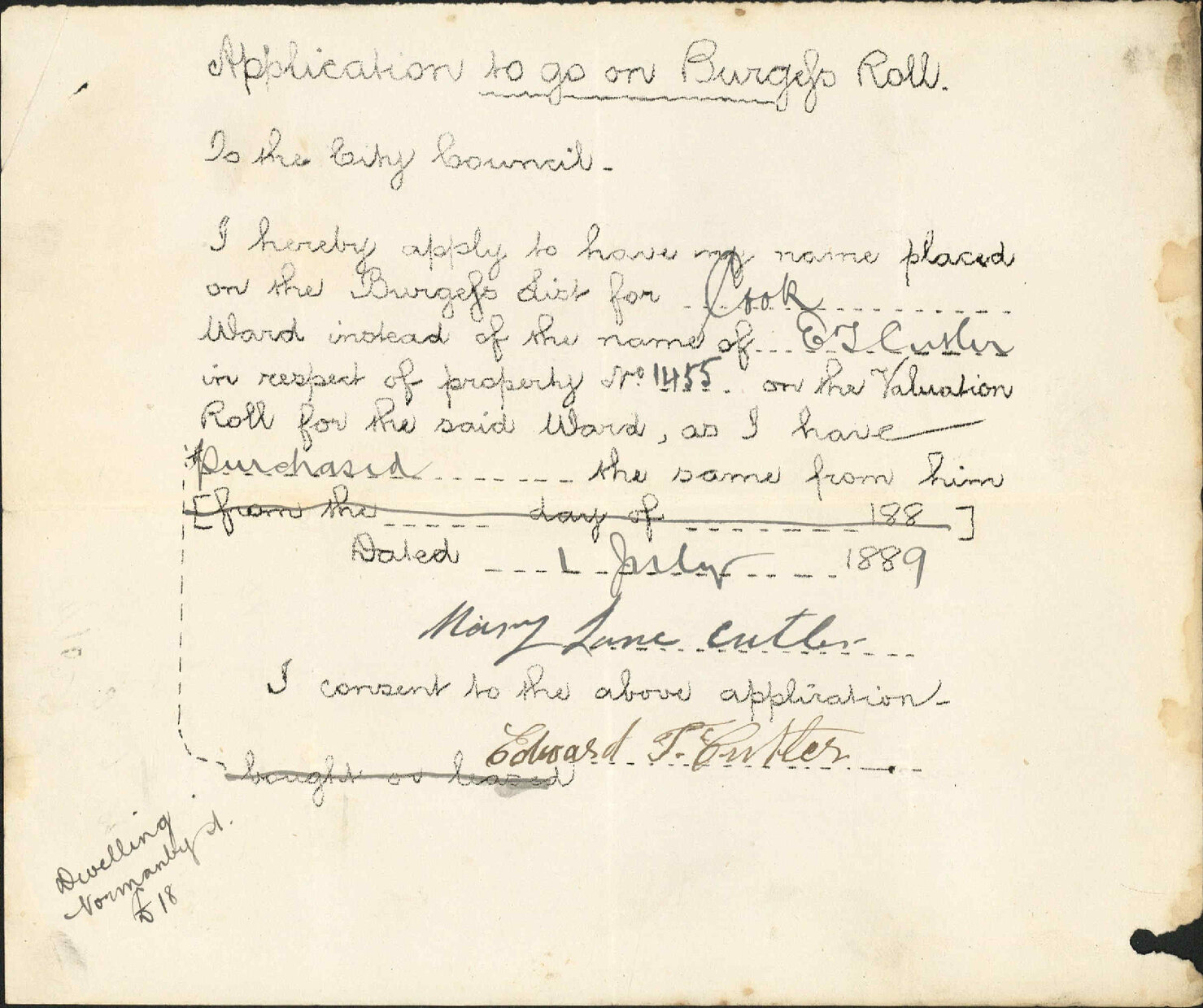 Application to be placed on burgess roll - Mary Jane Cutler