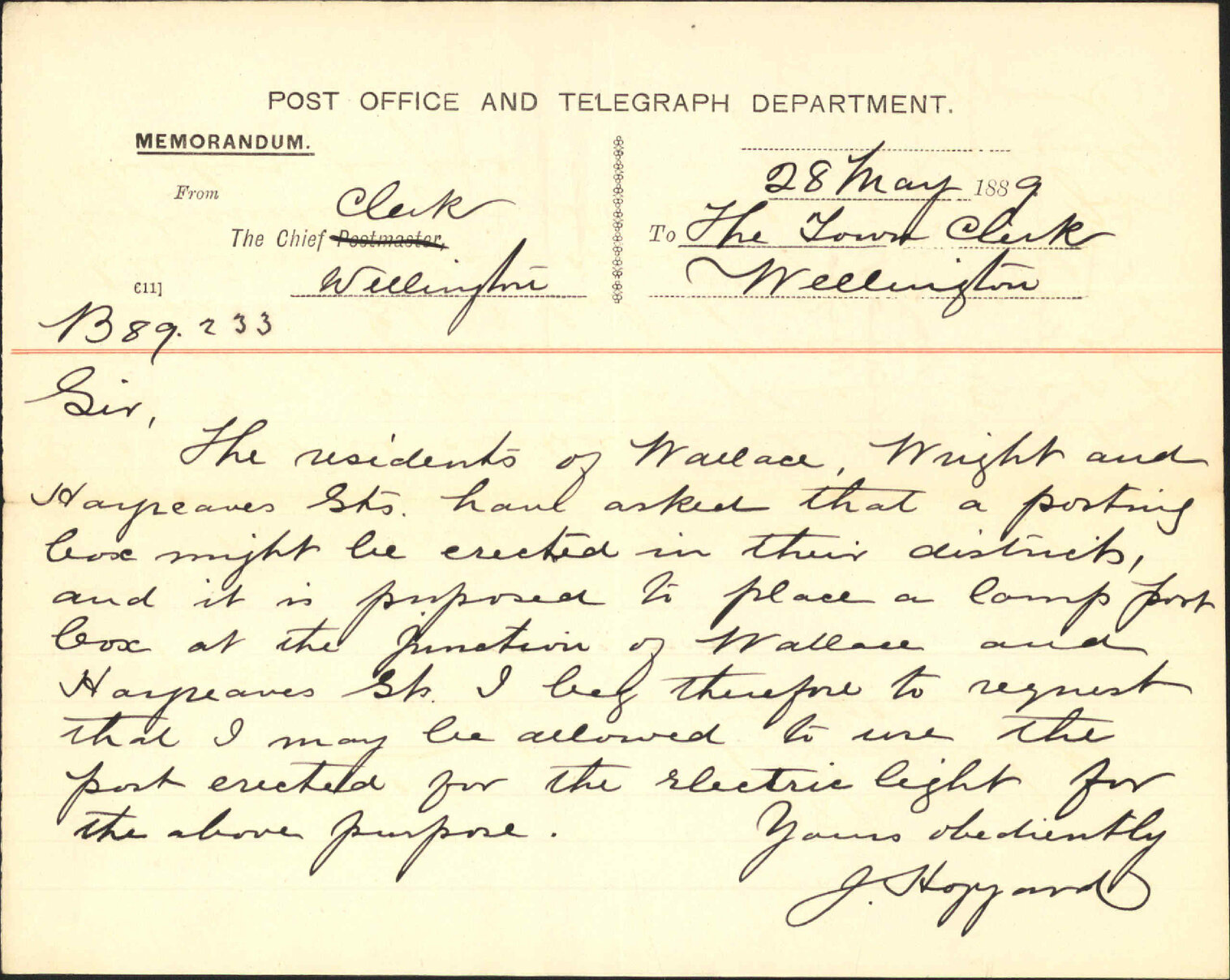 Asking leave to place a [letter] box on lamp post at corner of Wright and Hargreaves Street - Post Office Department