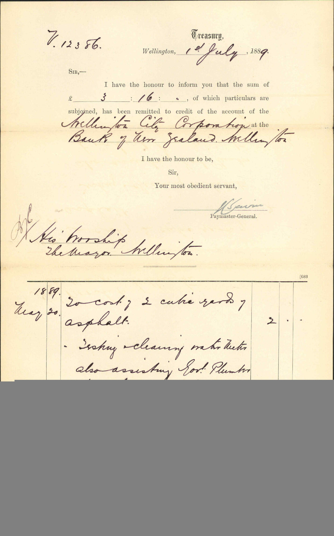 Advising payment of water account - Treasury