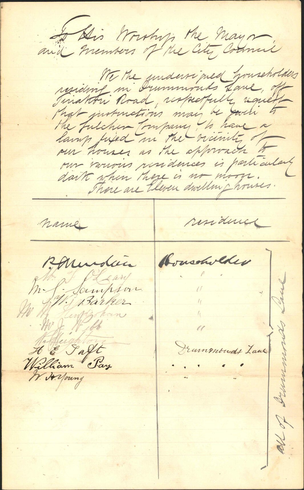 Asking for lamp at Drummonds Lane - W Heighton and others