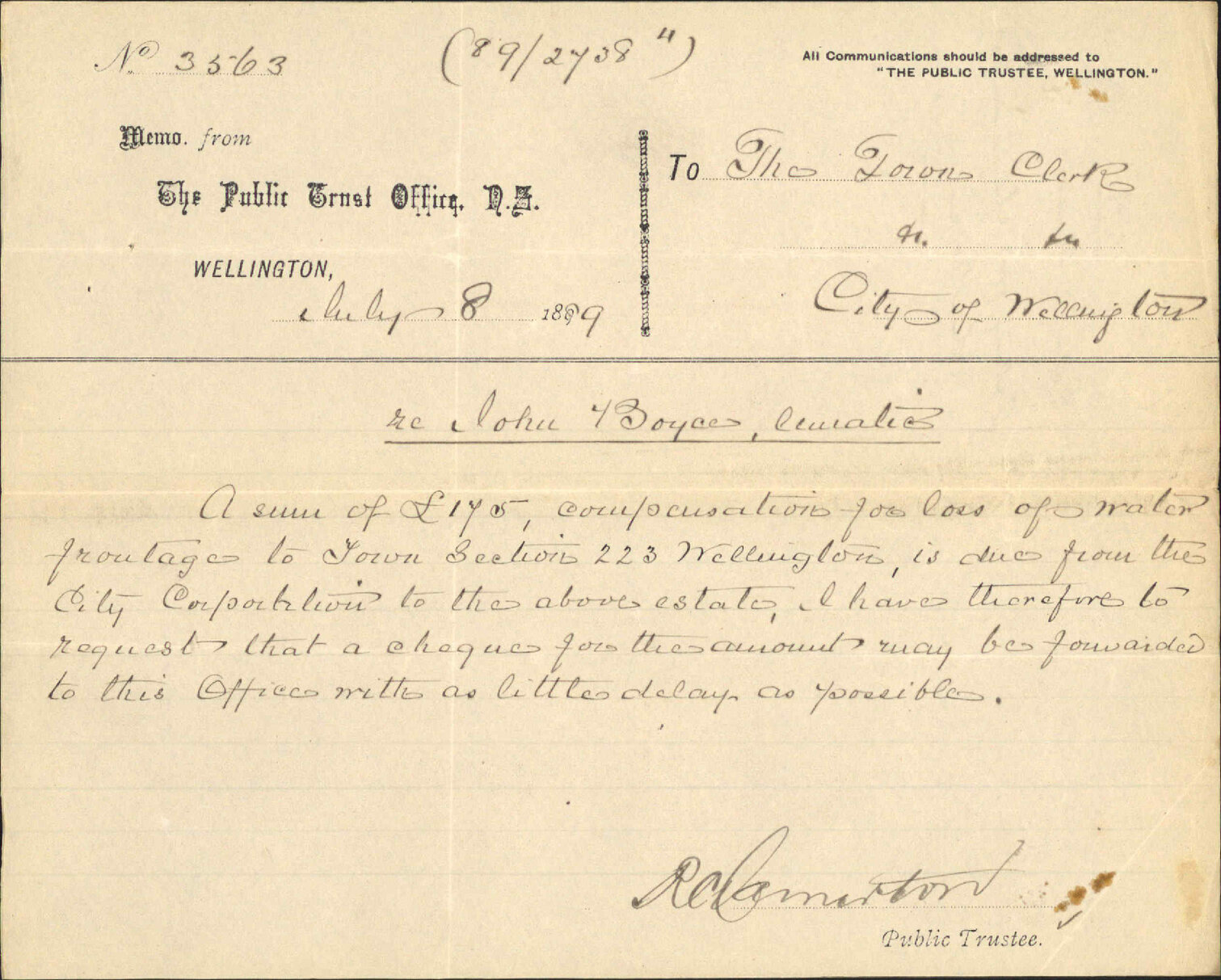 Asking for cheque for John Boyce - Public Trustee