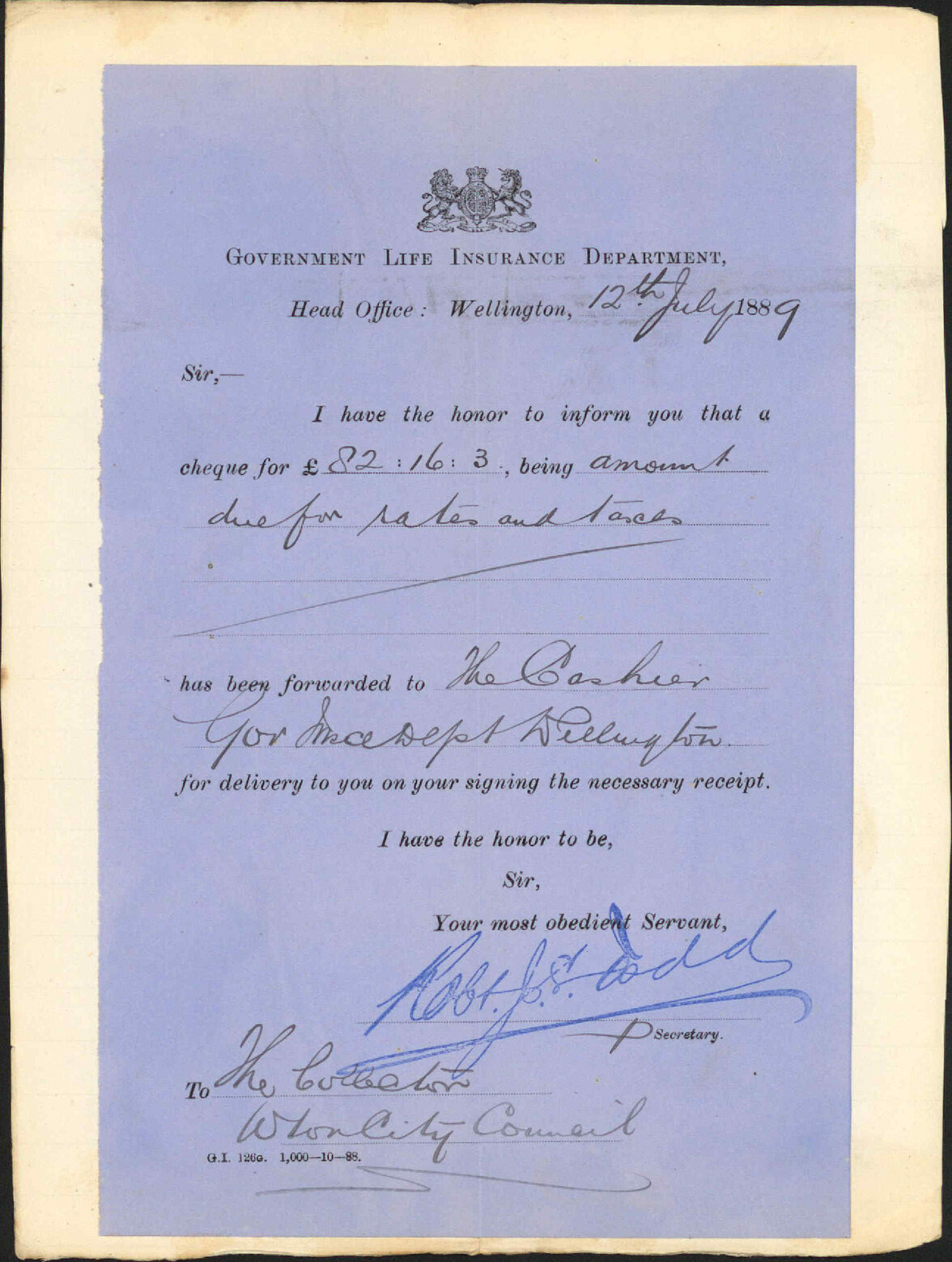 Cheque for water - Government Insurance Department