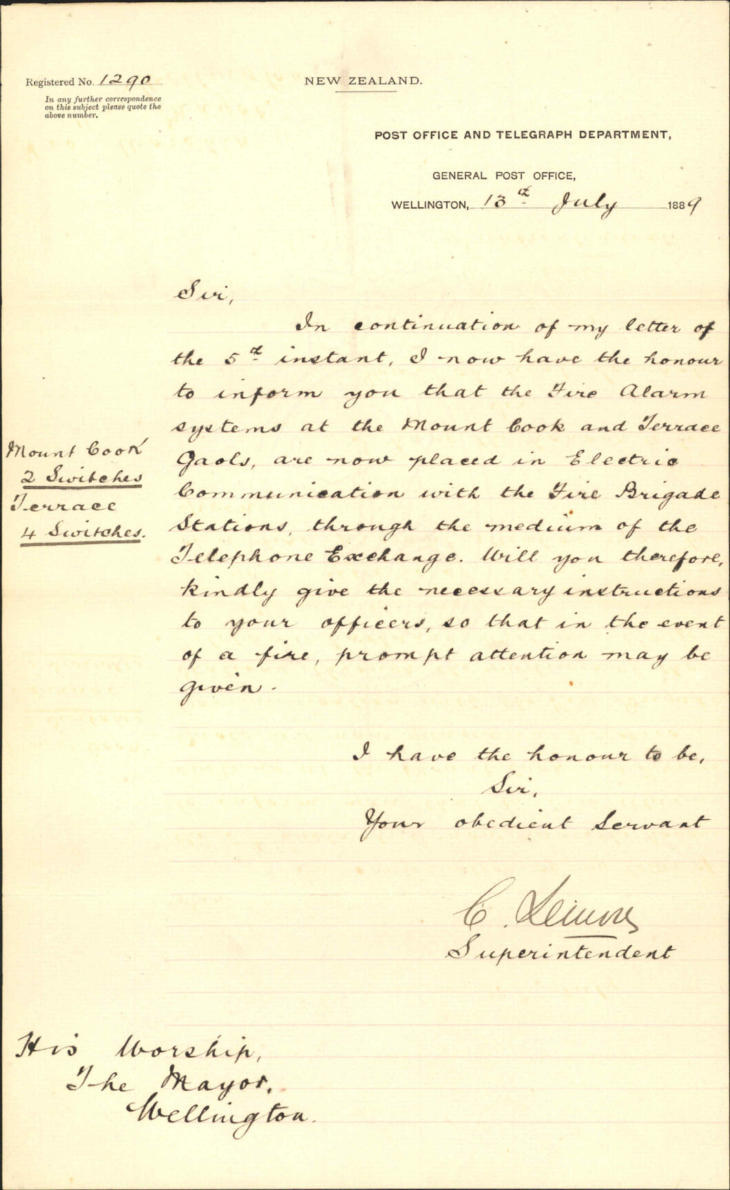 Further regarding fire signals - Post Office and Telegraph Department