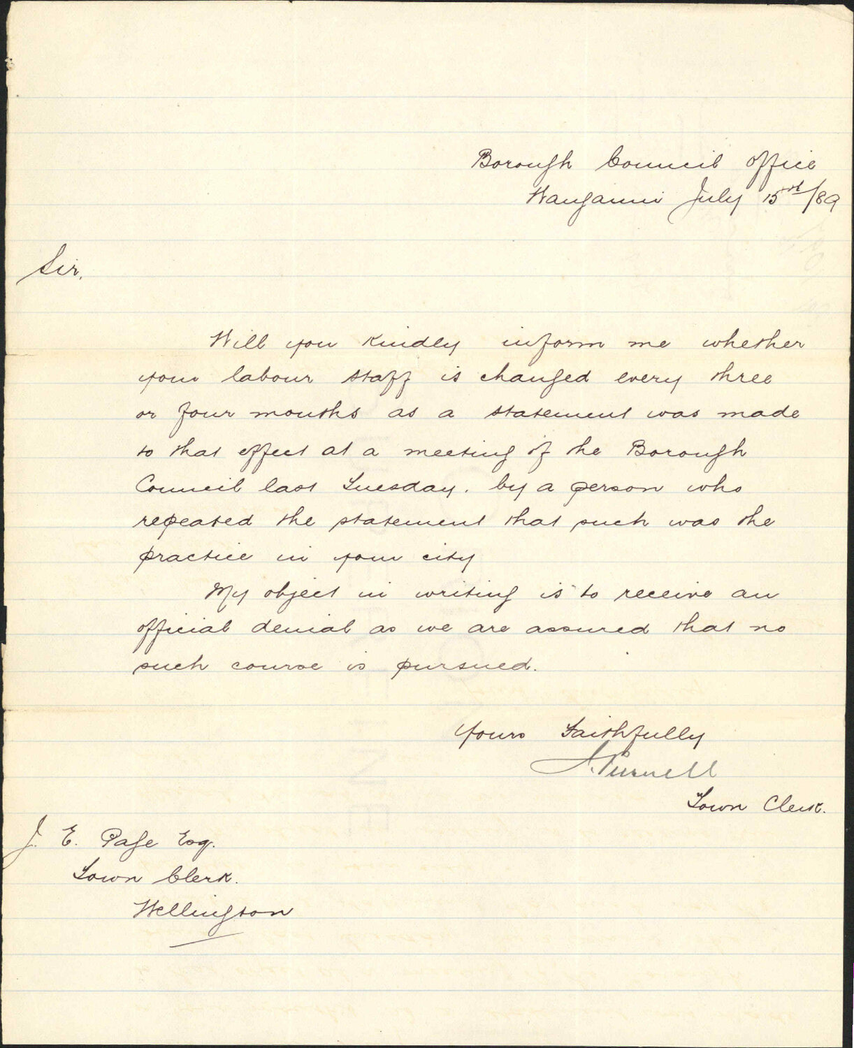 Enquiry regarding labour - Town Clerk Wanganui