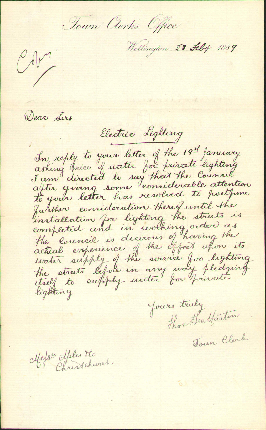 Further regarding water for private lighting - Miles and co, Christchurch