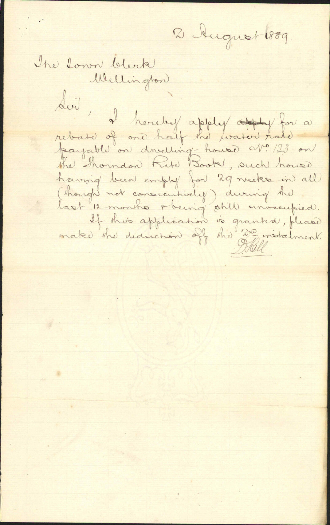 Asking reduction of water rates - D Hale