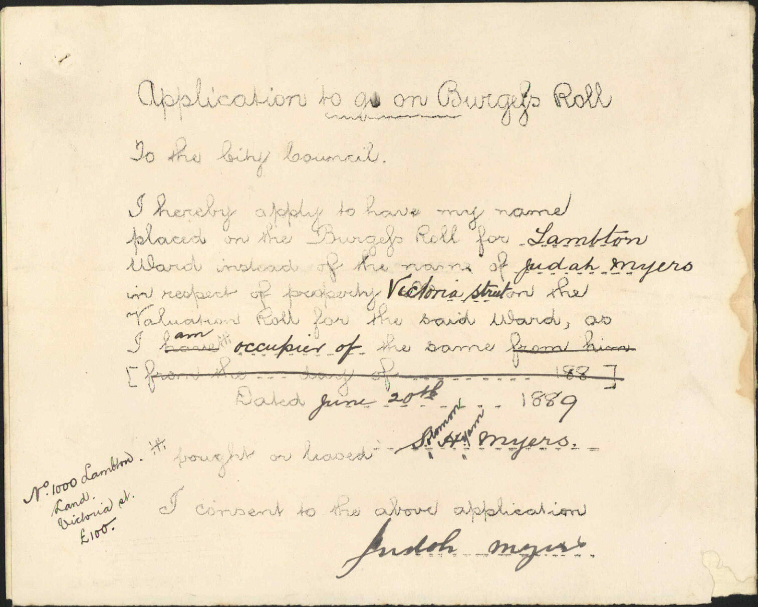 Application to be placed on burgess roll - S H Myers