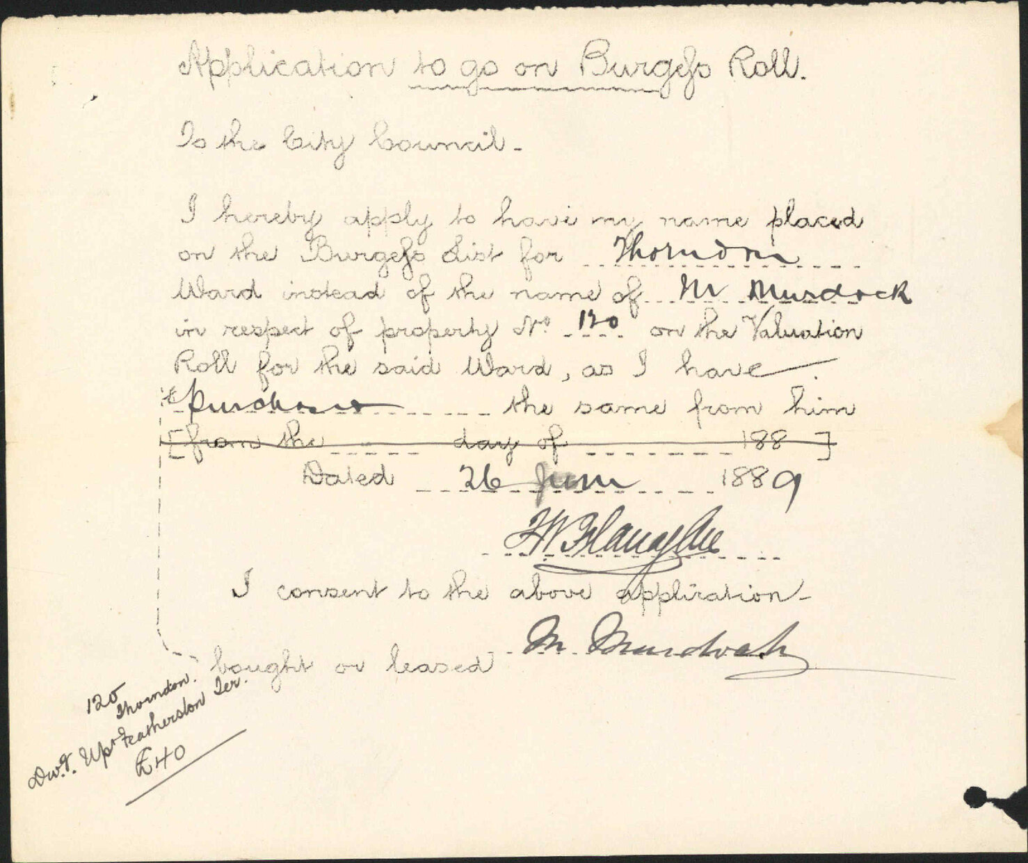 Asking to be placed on burgess roll - F W Flannigan