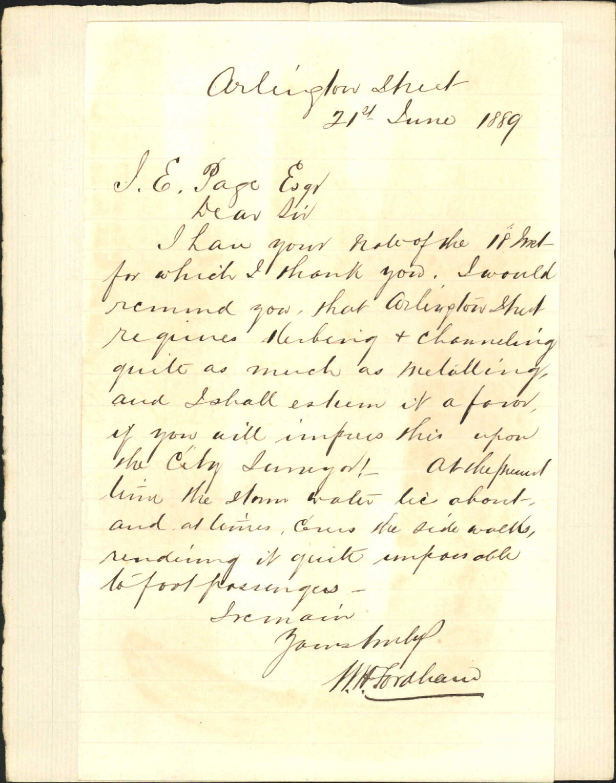 Further regarding Arlington Street - W H Fordham