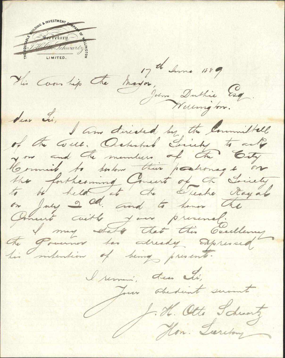 Asking patronage of The Mayor and Council to their concert - Orchestra Society