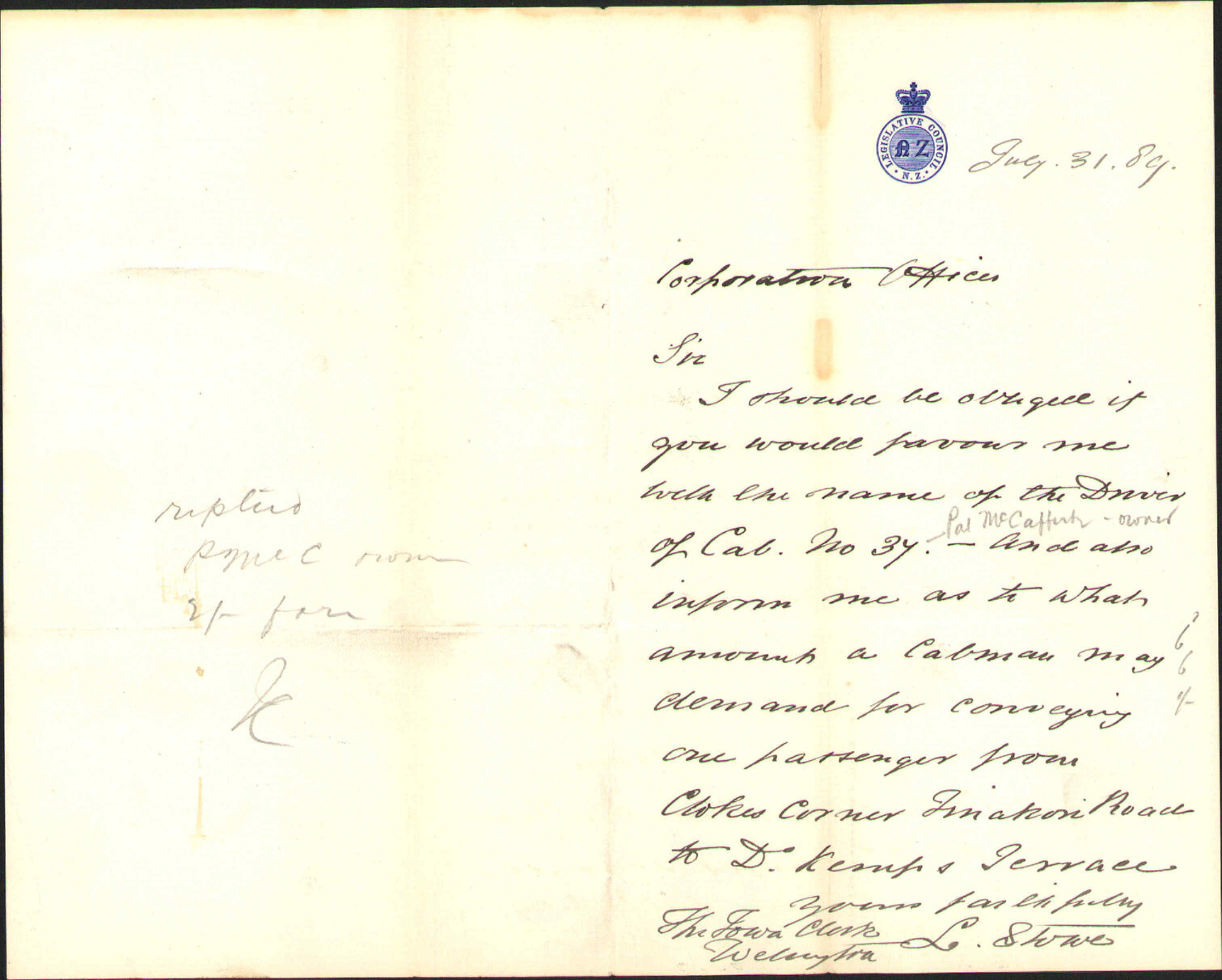 Enquiry as to cab fare etc - L Stowe