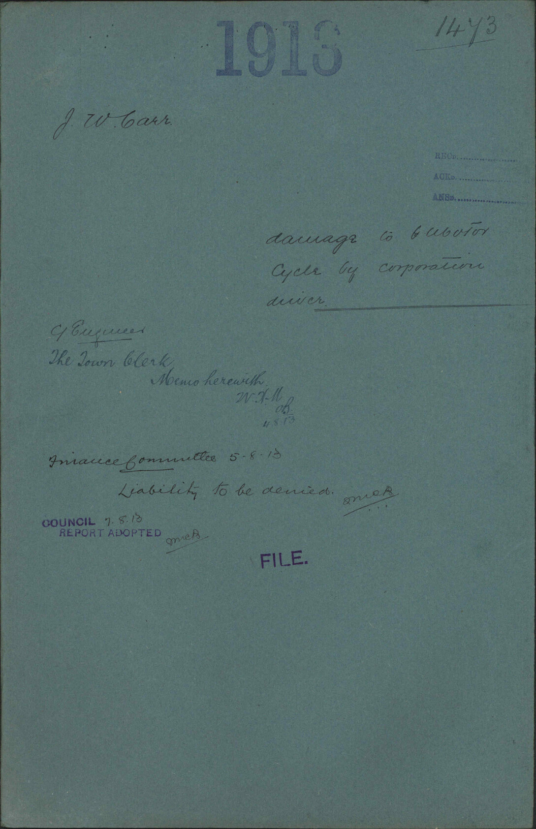 Damage to motor cycle by Corporation driver - J W Carr
