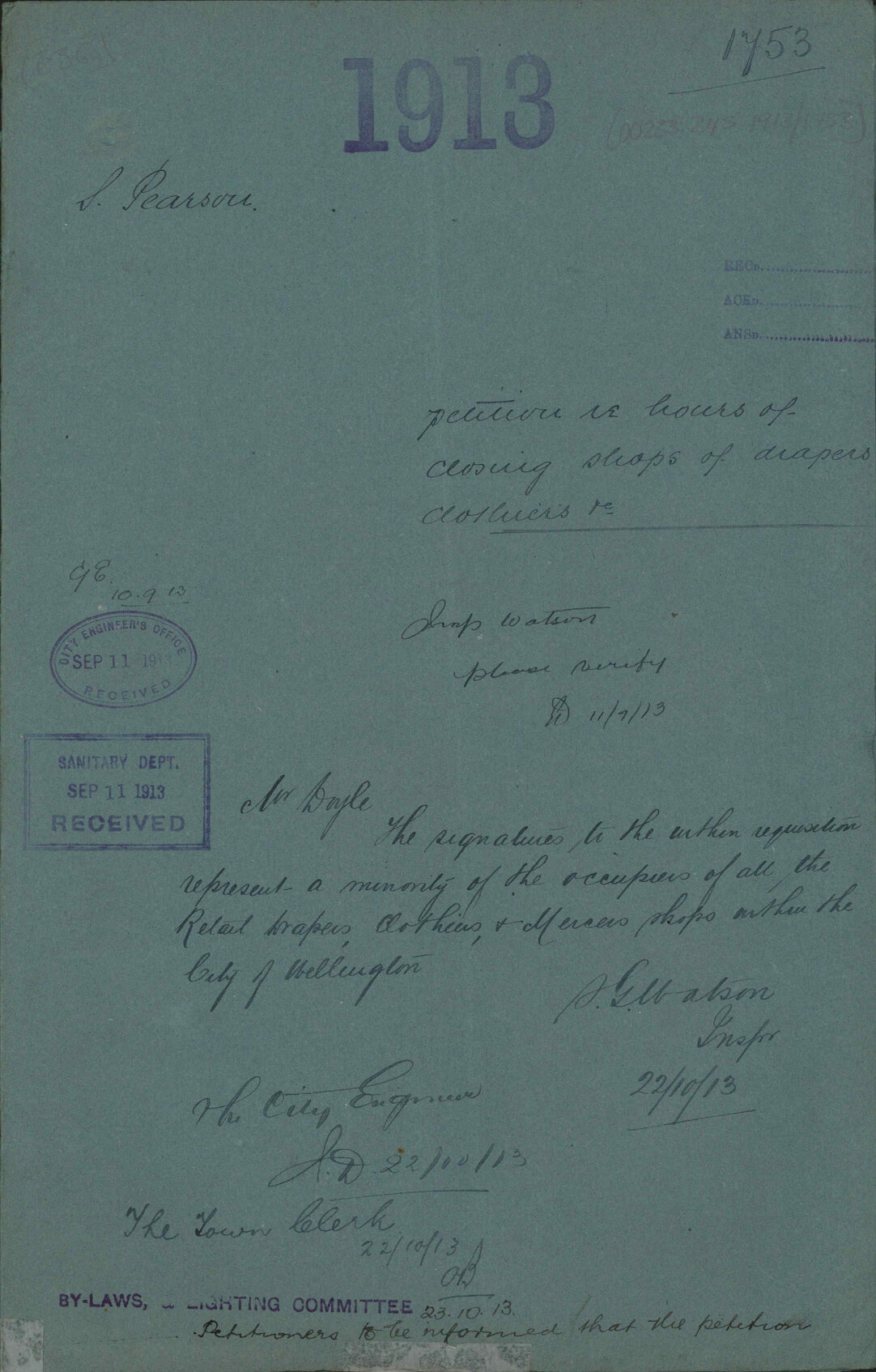 Petition re hours of closing shops of drapers, clothiers etc - S Pearson