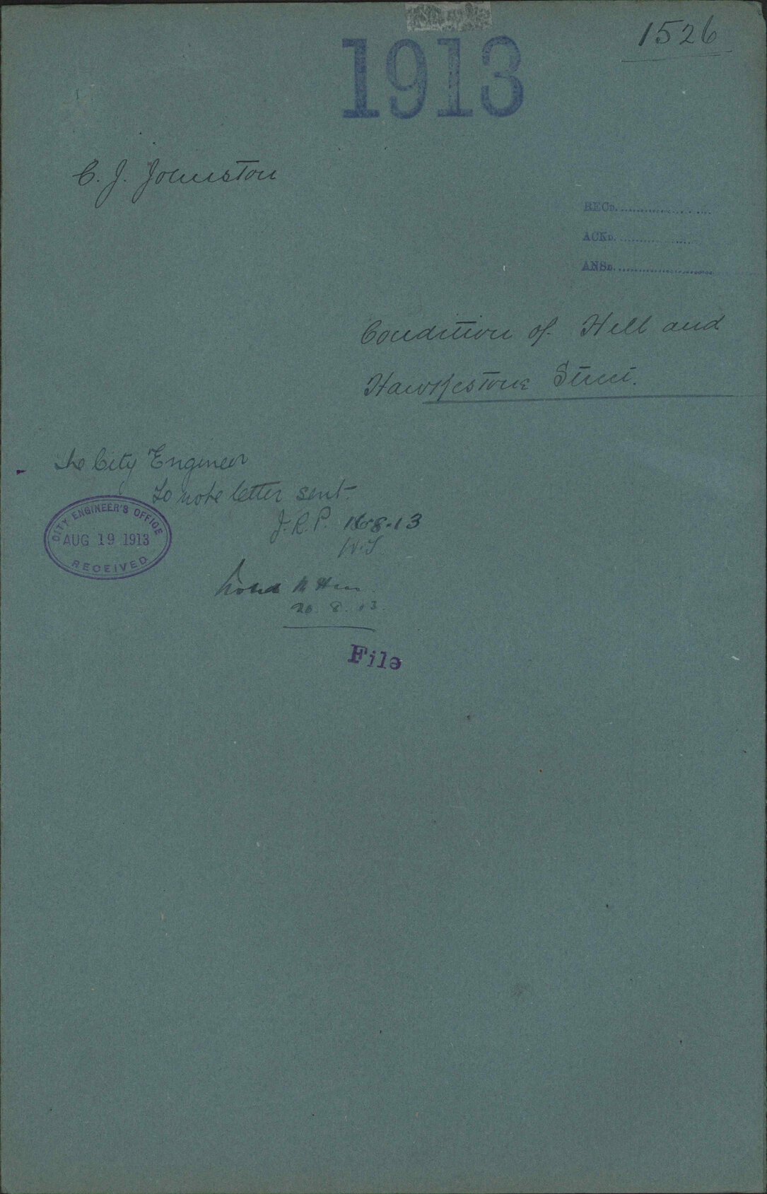 Condition of Hill and Hawkestone Street - C J Johnston
