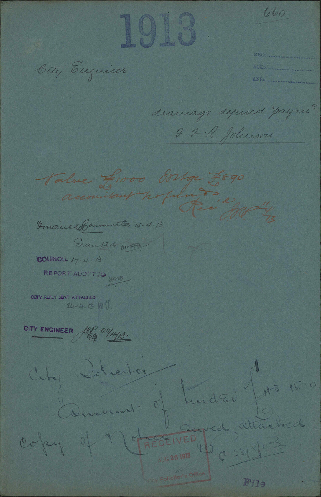 Drainage, deferred payment, Frances T R Johnson - City Engineer