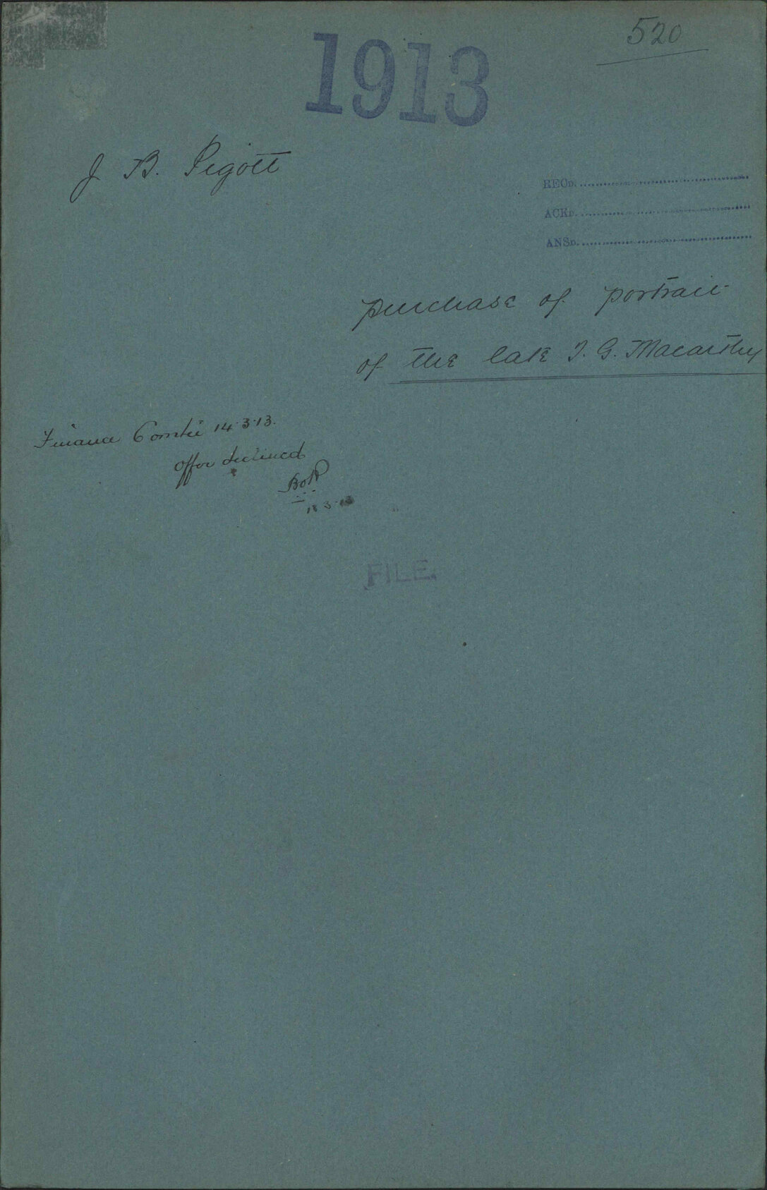 Purchase of portrait of the late T G Macarthy - J B Pigott