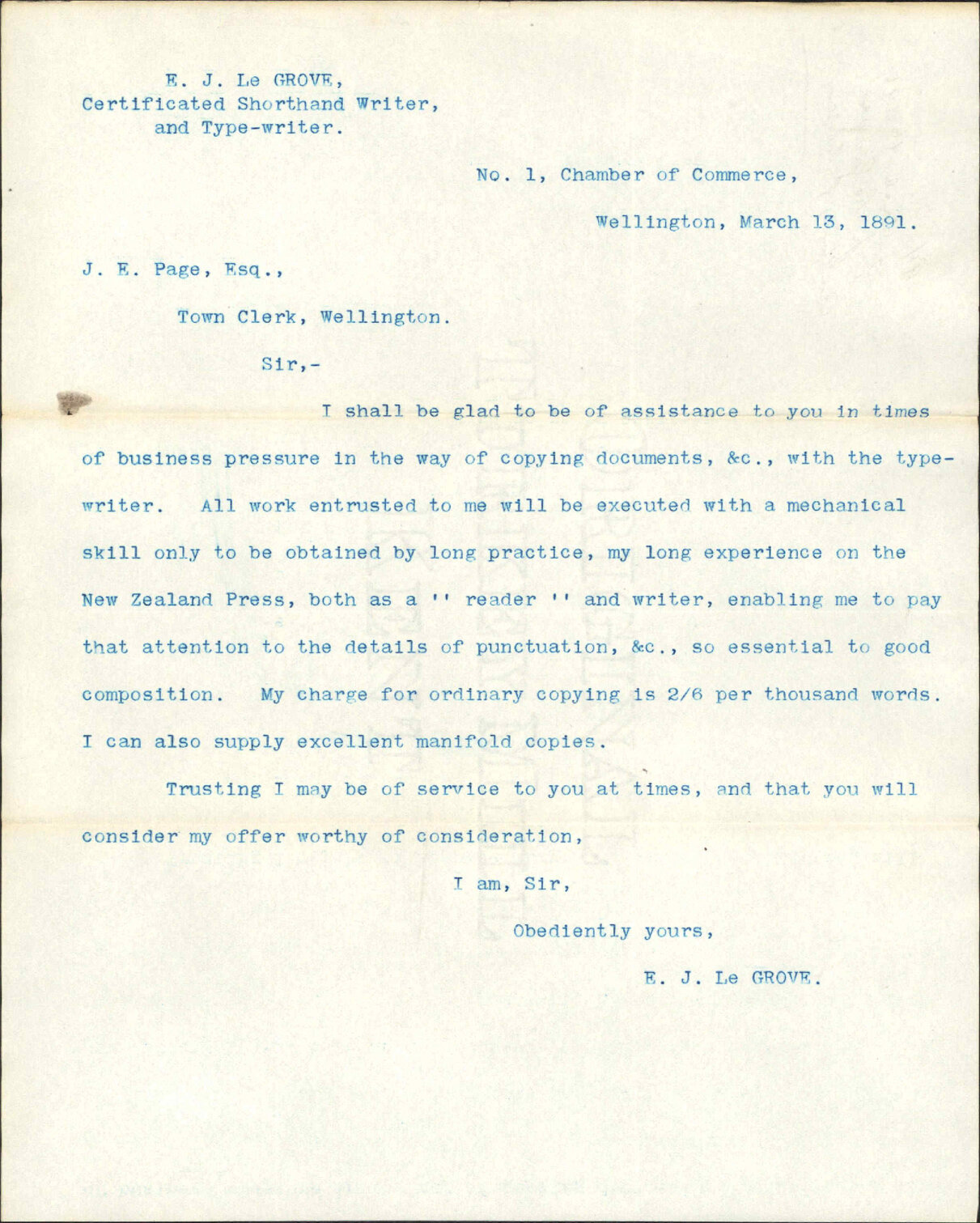 Asking for employment - E J Le Grove