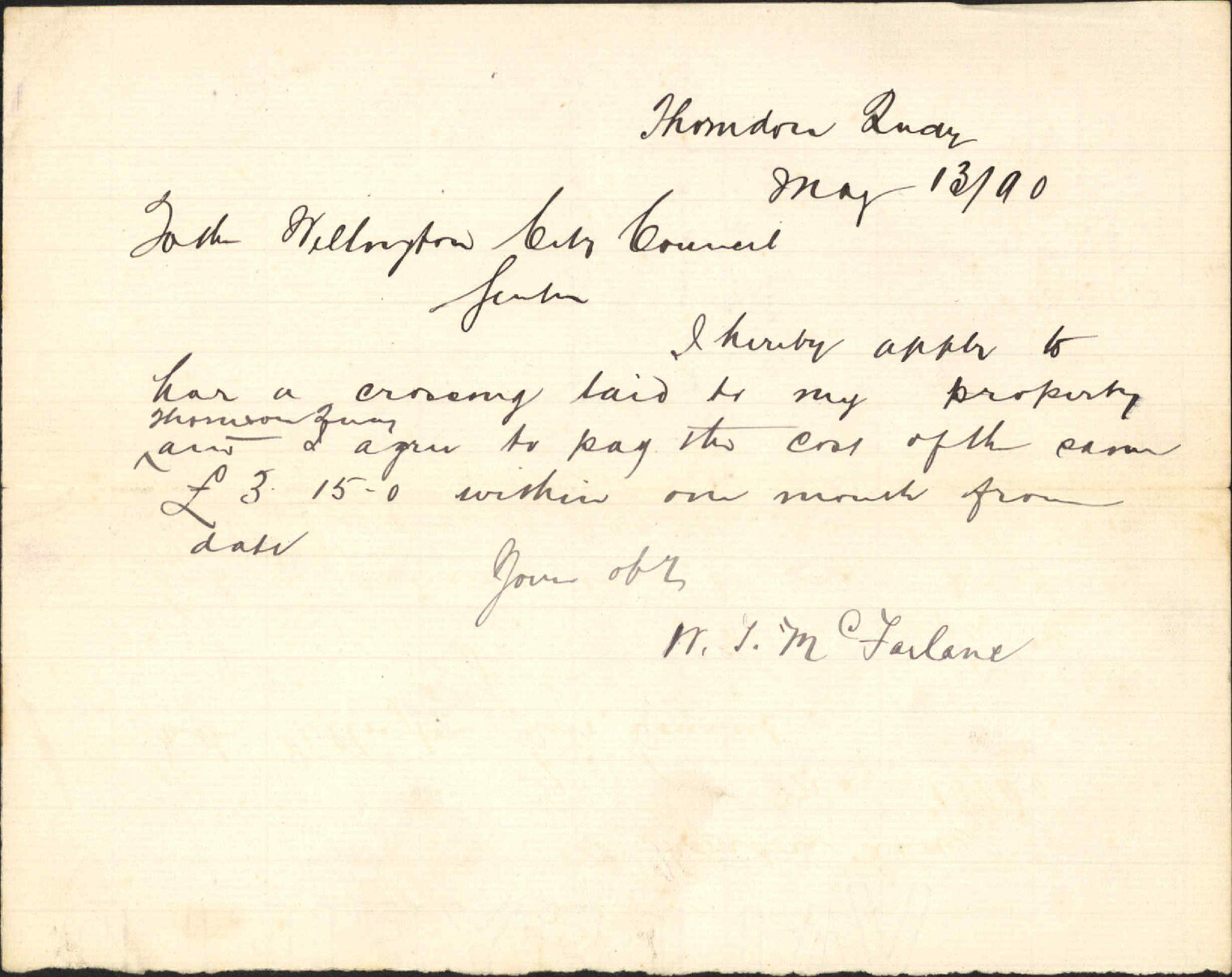 Application for crossing - W T McFarlane
