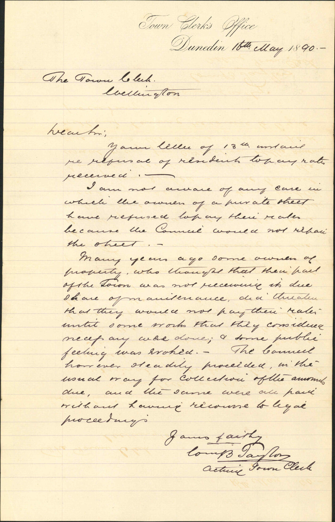 Reply regarding rates on private streets - Town Clerk, Dunedin
