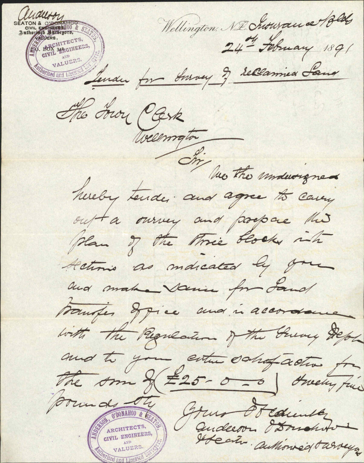 Tender for survey of reclamation land - Anderson, O'Donahoo and Seaton