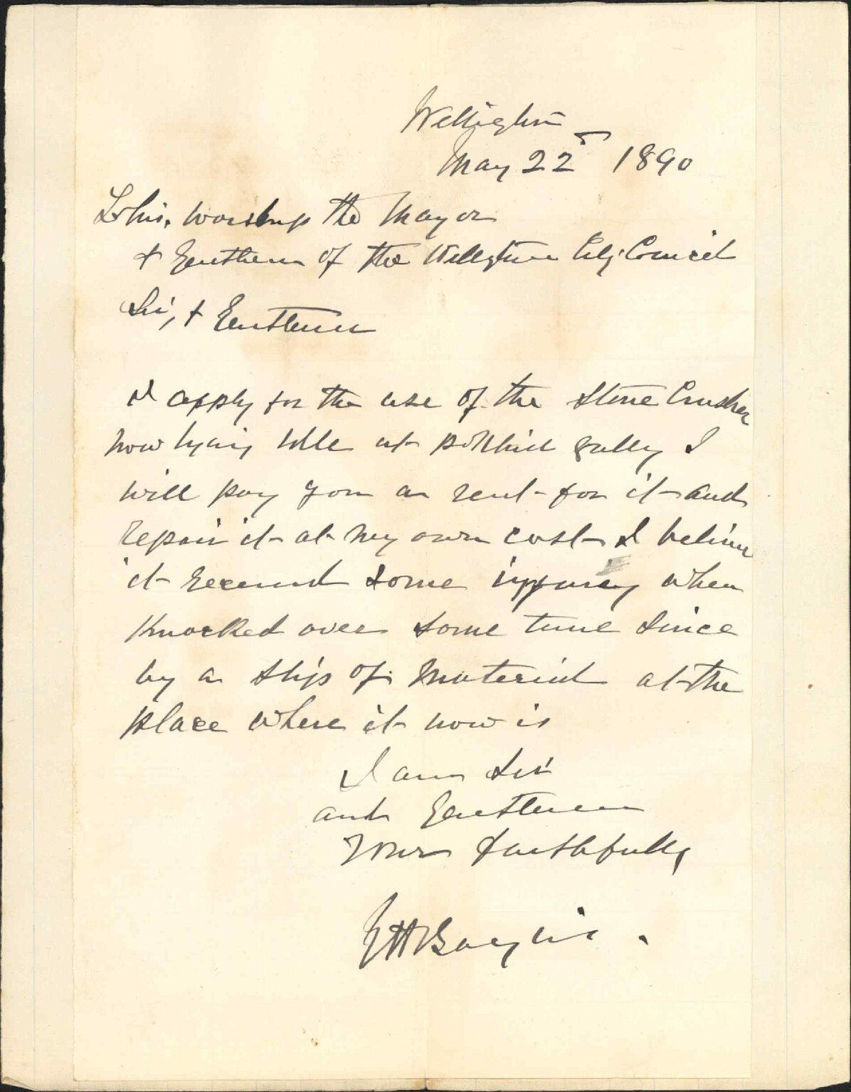 Asking for use of stone-crusher - G H Baylis