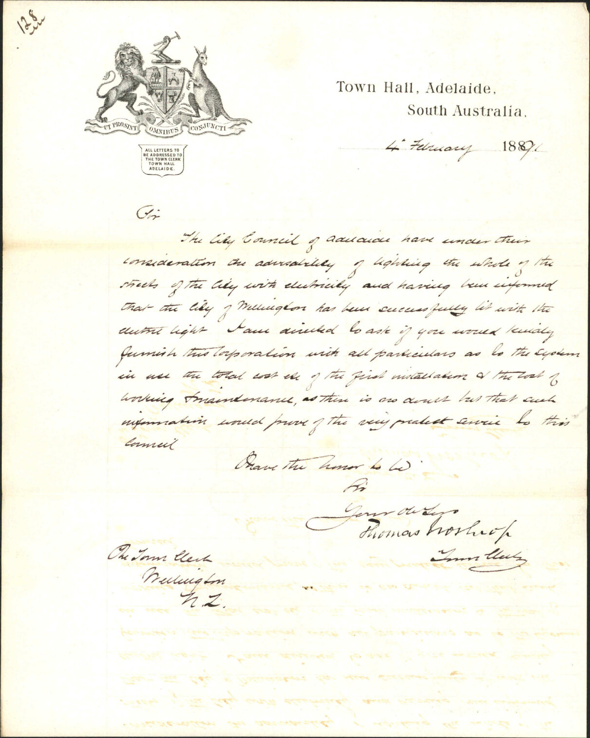 Enquiry regarding electric lighting - Town Clerk, Adelaide