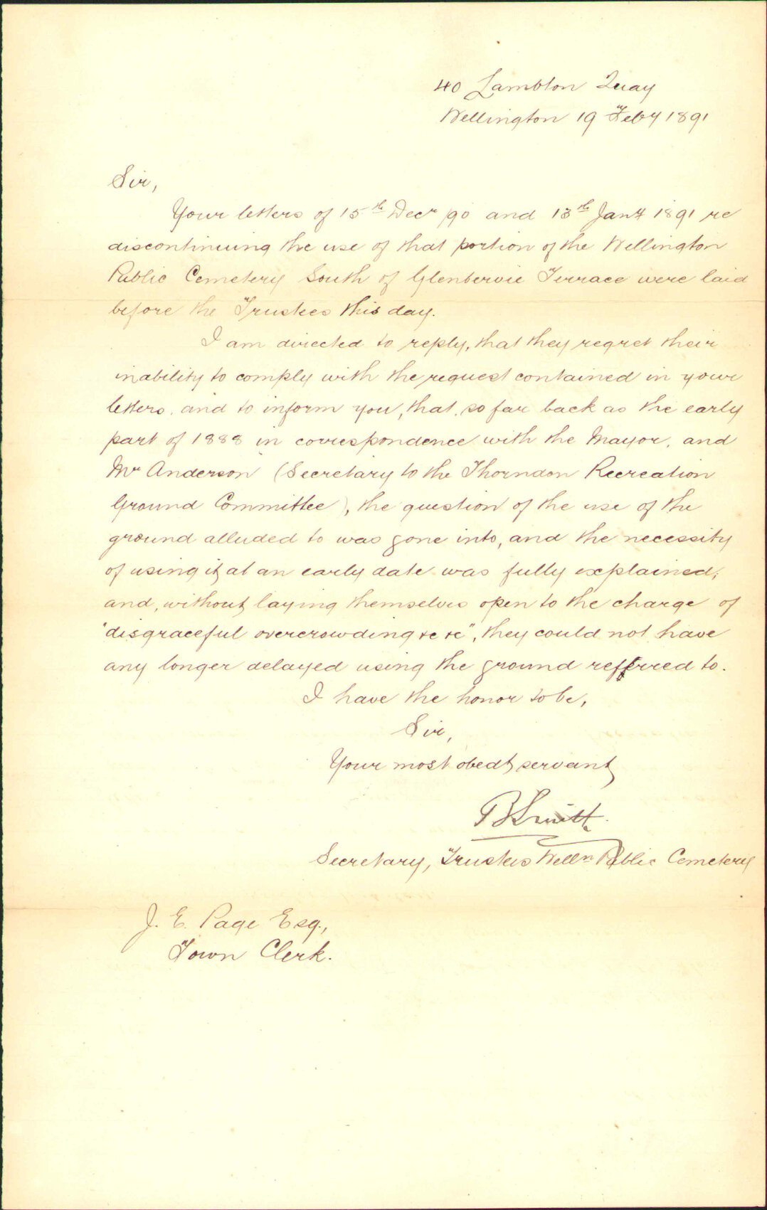 Reply regarding cemetery reserves - Wellington Public Cemetery