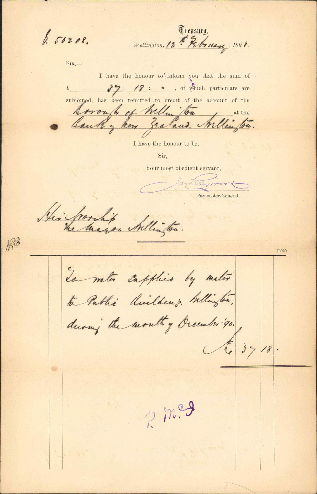 Asking for payment of water account - Treasury Department
