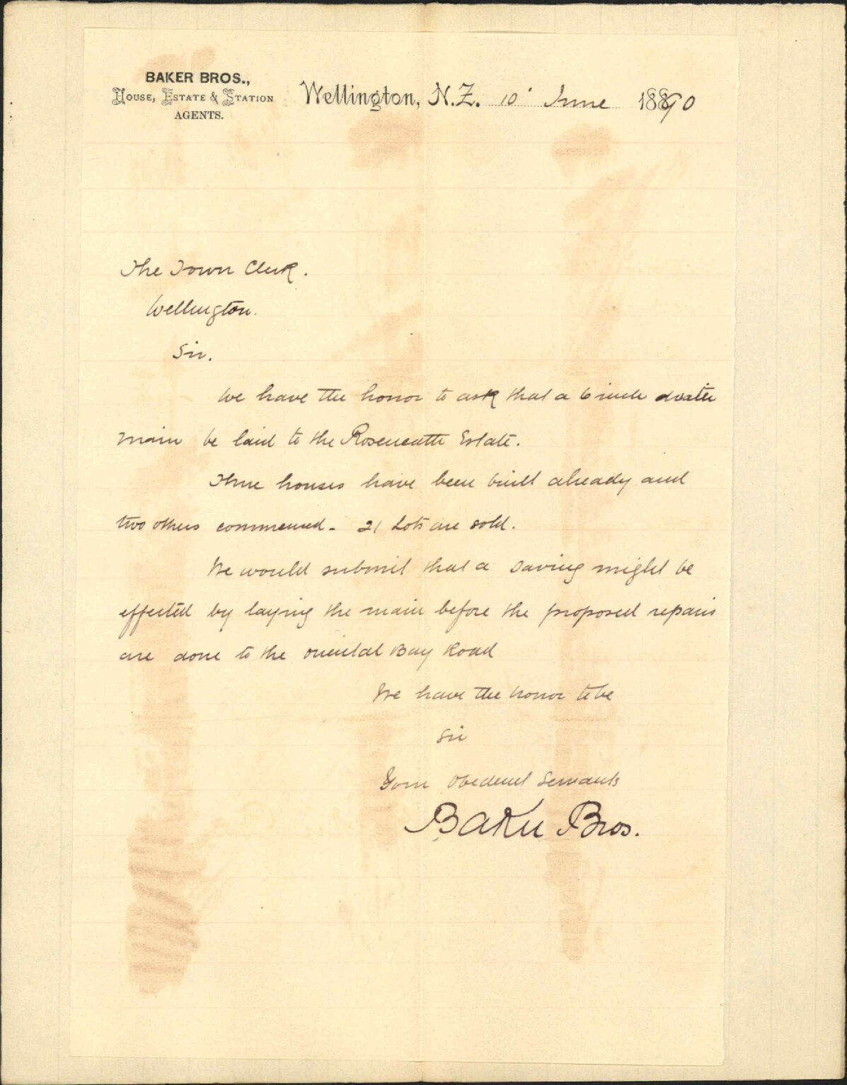 Asking for water supply at Roseneath - Baker Brothers