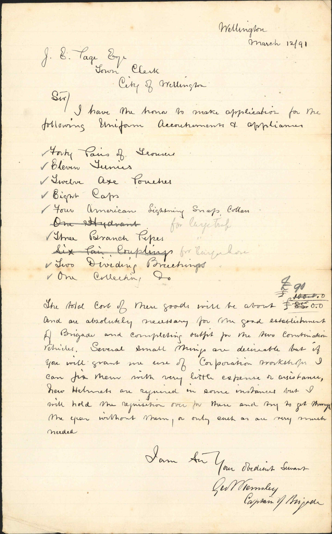 Application for sundry supplies - Captain, Fire Brigade