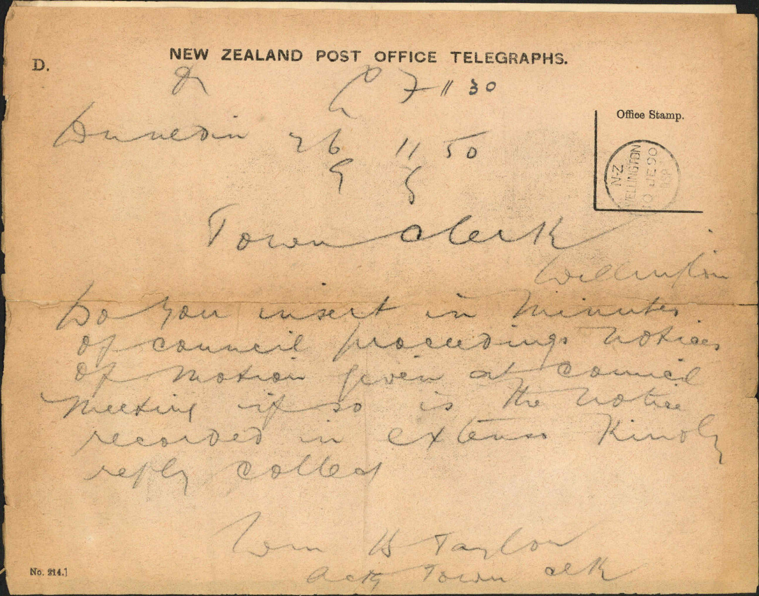 Enquiry regarding notices of motion - Town Clerk, Dunedin