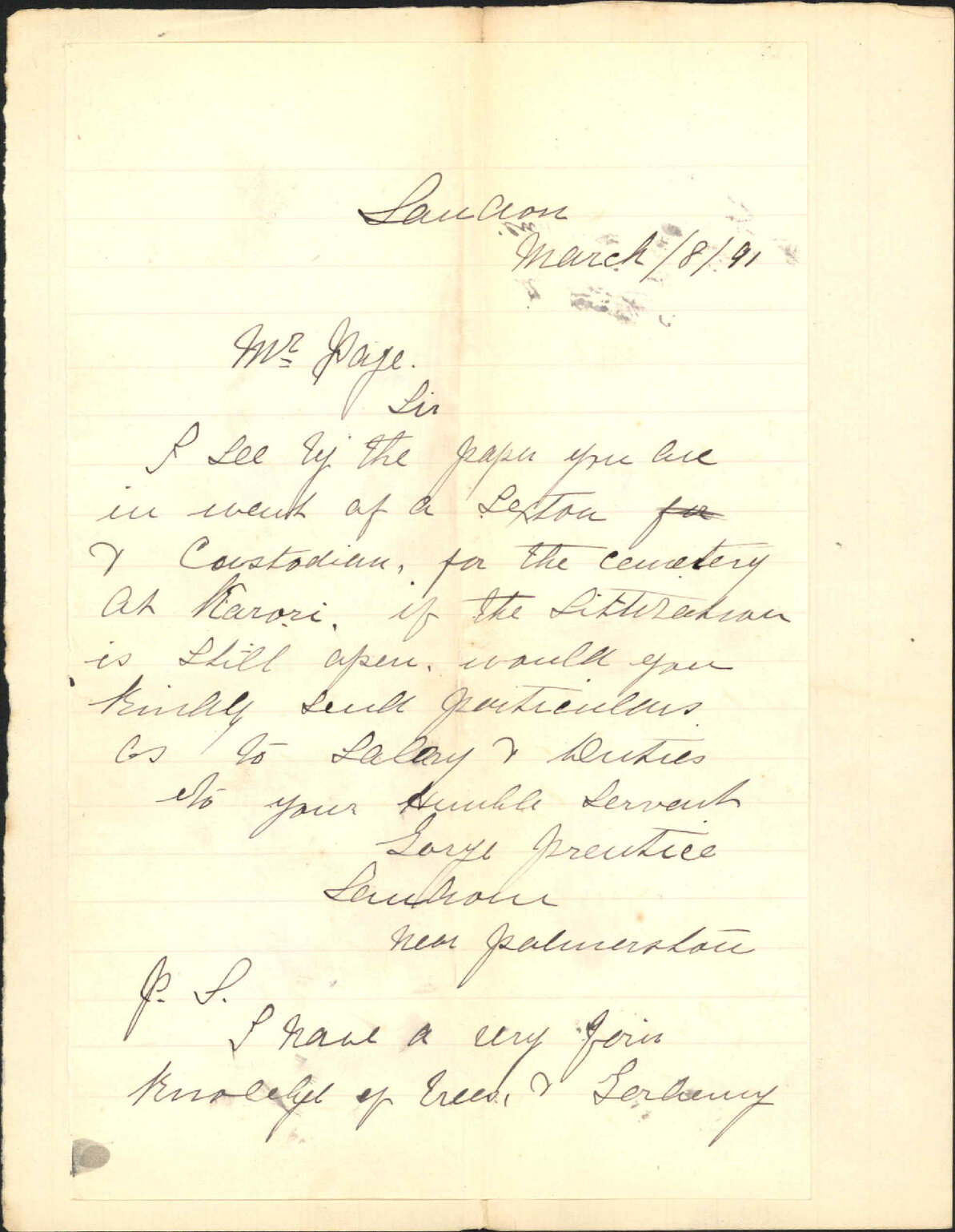 Enquiry regarding post of sexton - George Prentice, Sandon