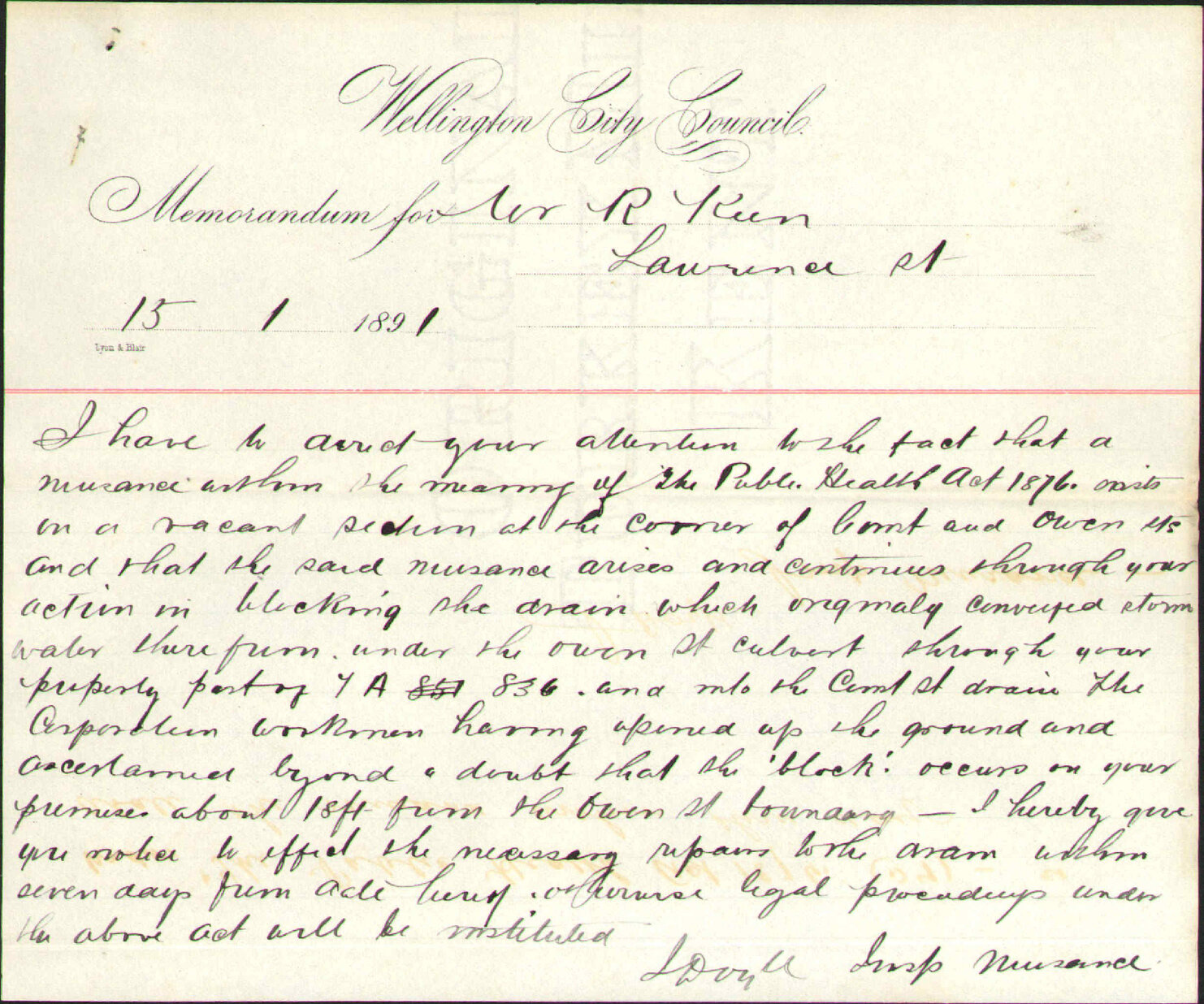 Nuisance at M R Keene's property - Inspector of Nuisances