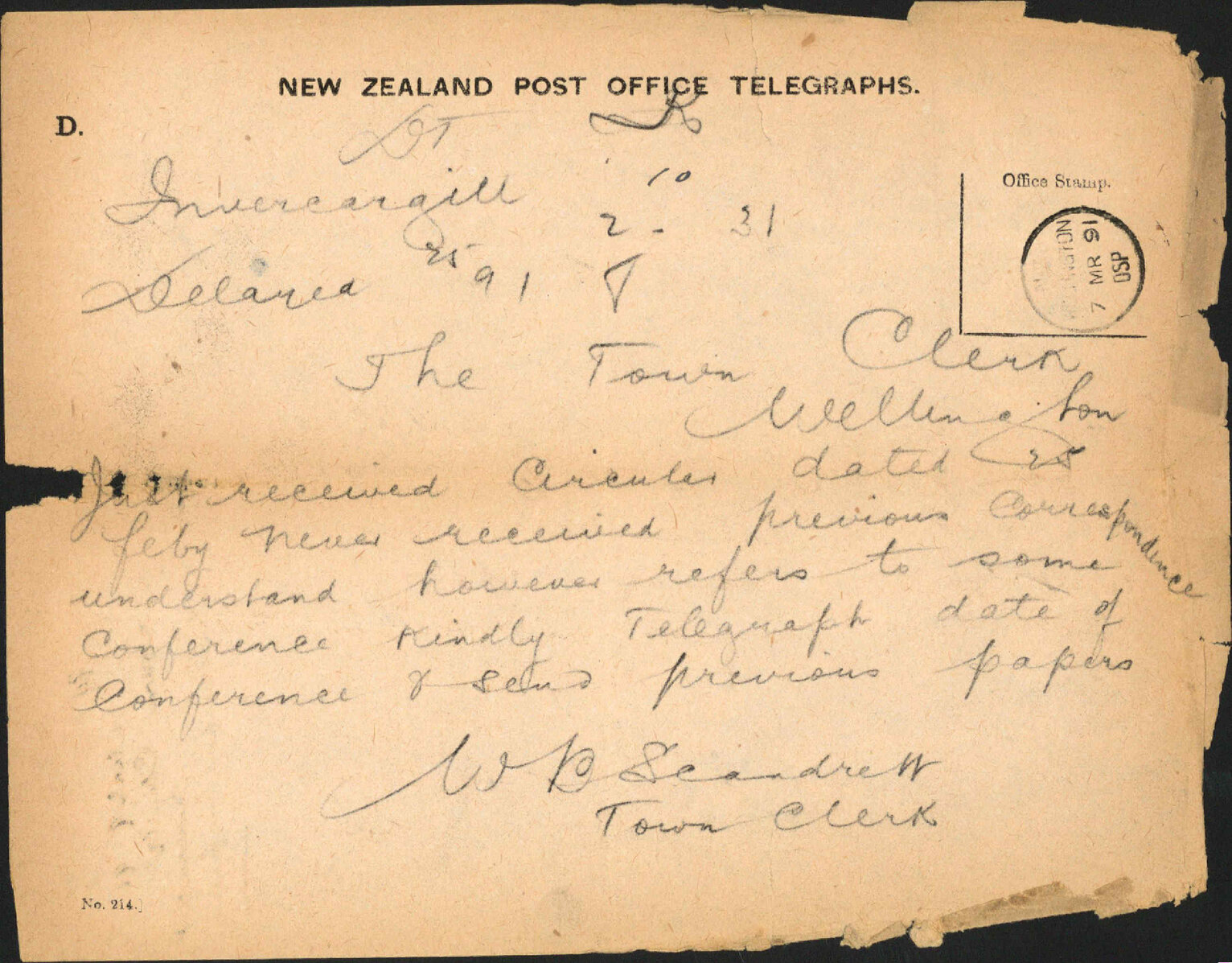 Municipal conference - Town Clerk, Invercargill