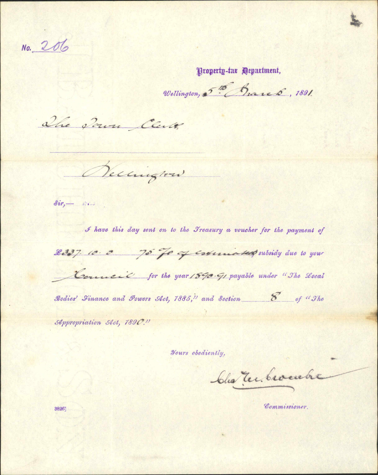 Subsidy for 1890 - 91 - Property Tax Department