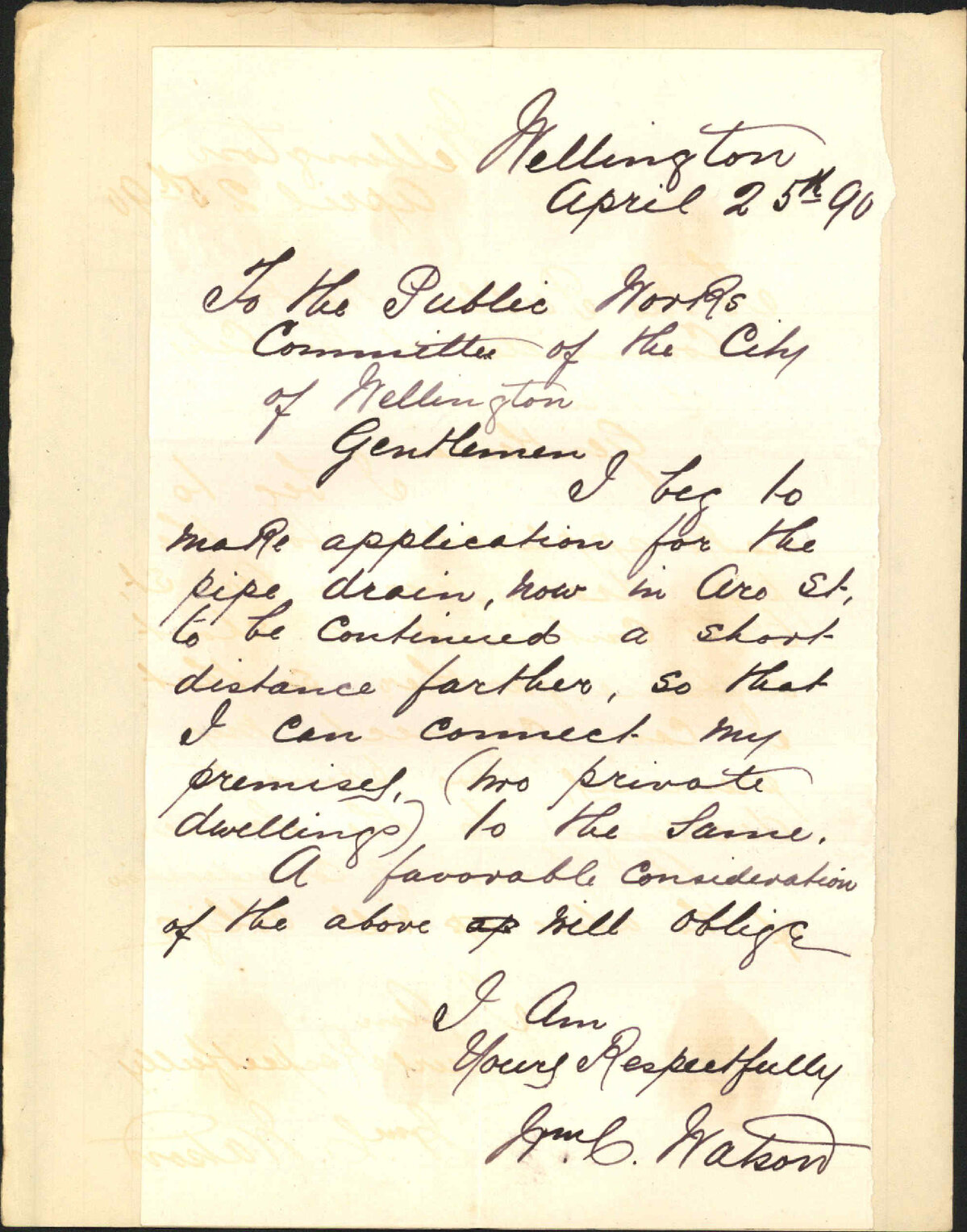 Asking for extension of drain in Aro Street - W C Watson