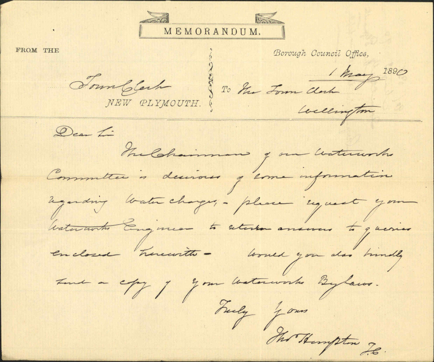 Enquiry regarding water supply - Town Clerk New Plymouth