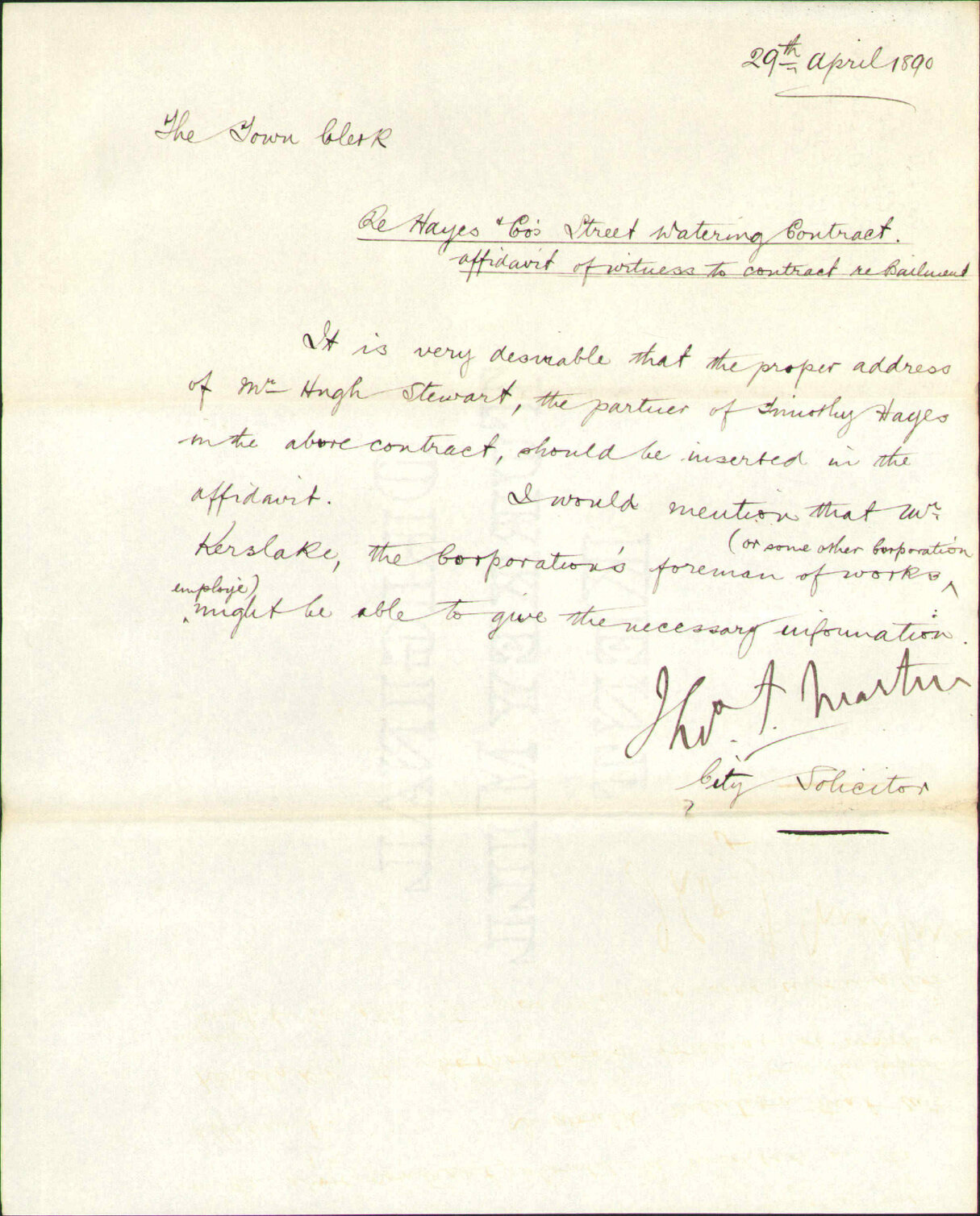 Hayes &amp; Co's street watering contract - City Solicitor