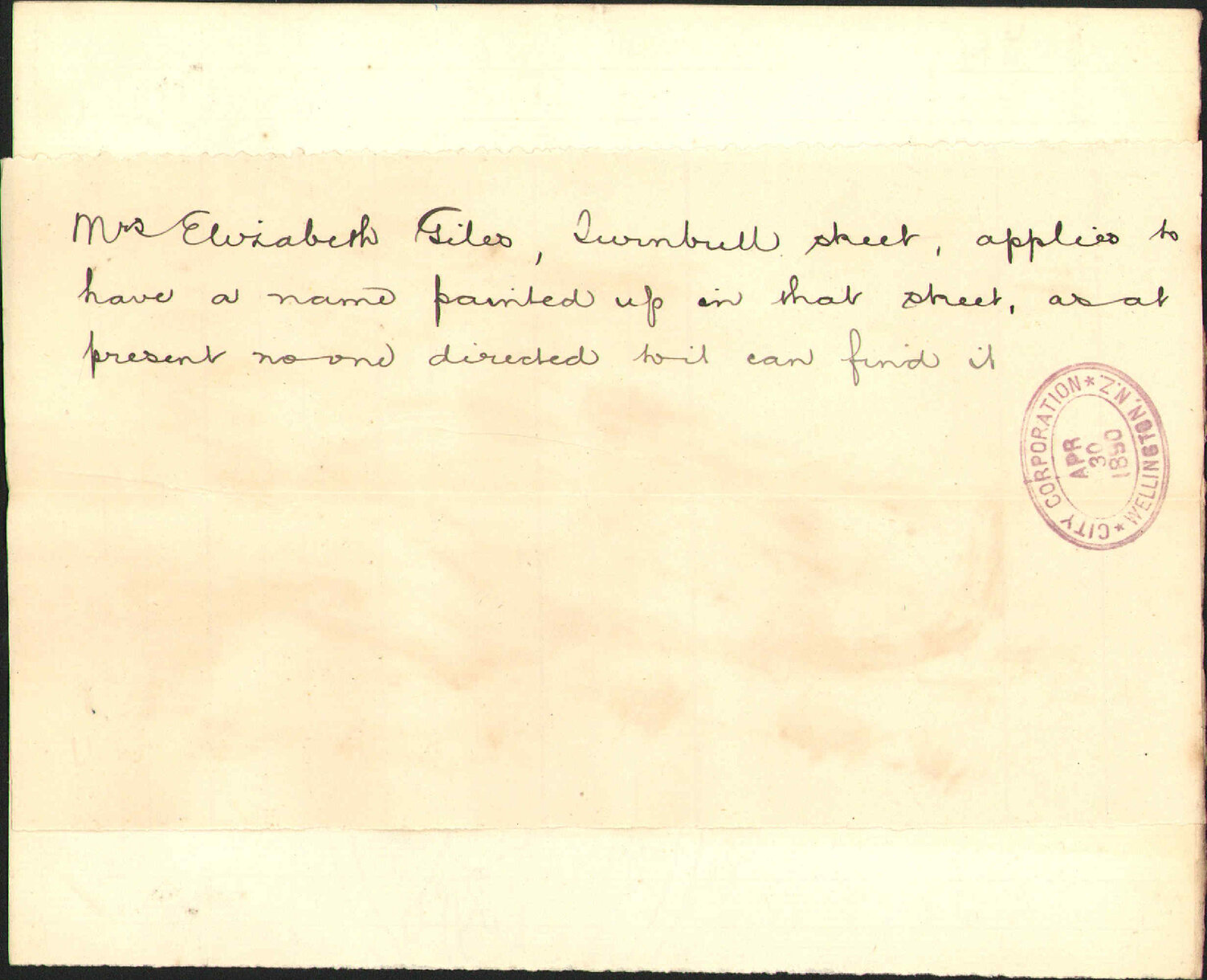 Asking for name plate at Turnbull Street - Mrs Elizabeth Giles