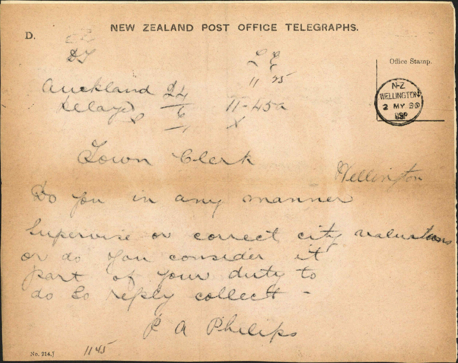 Enquiry regarding valuation - Town Clerk Auckland