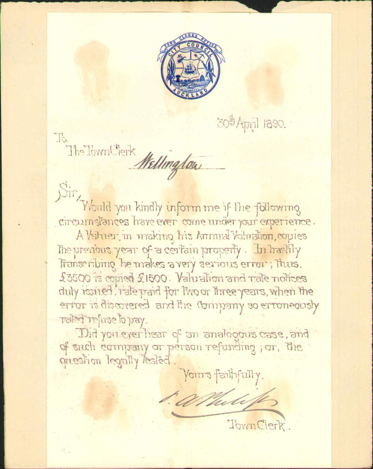 Enquiry regarding error in valuation - Town Clerk Auckland